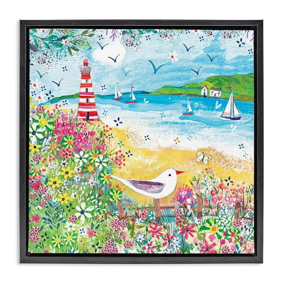 Summer Whimsy Seaside Black Floating Frame Canvas Art, 18 x 18, Made In USA