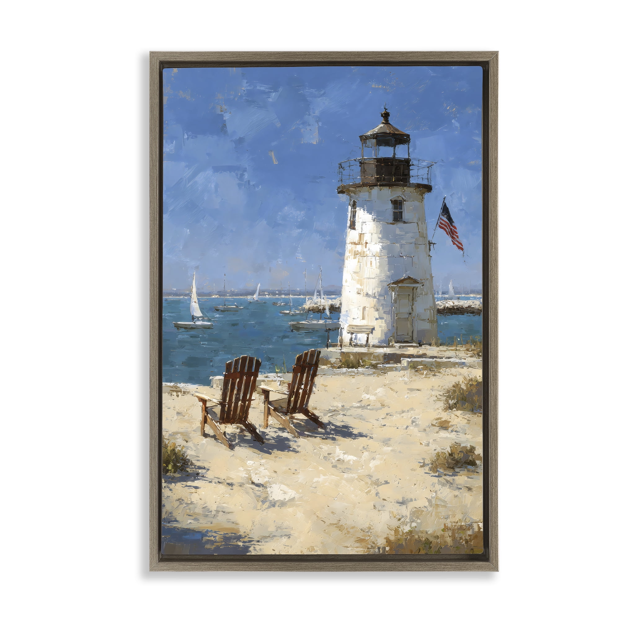 Stupell Industries Summer at Lighthouse Bay Brown Framed Floater Canvas Wall Art, design by Petal Prints Design