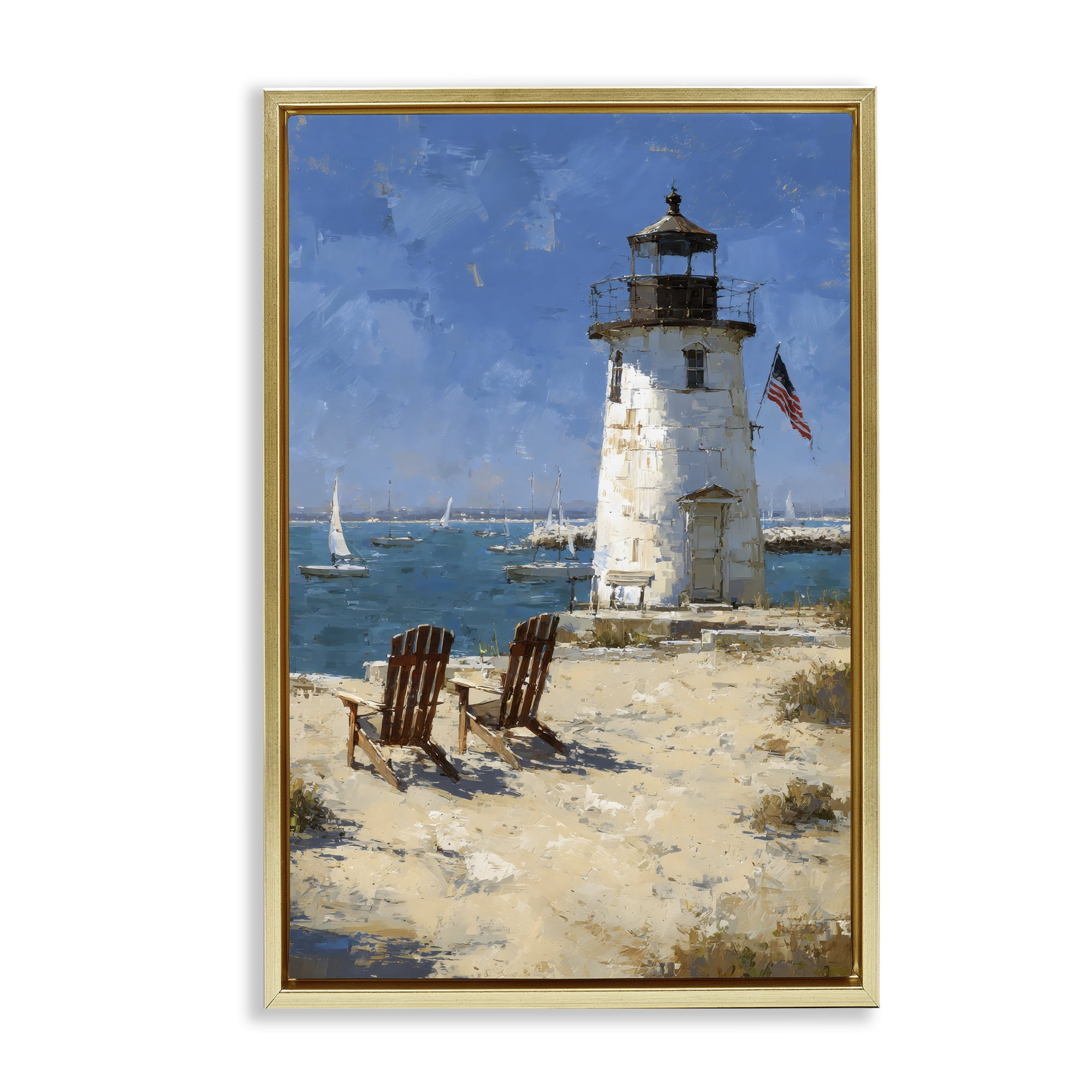 Stupell Industries Summer at Lighthouse Bay Gold Framed Floater Canvas Wall Art, design by Petal Prints Design