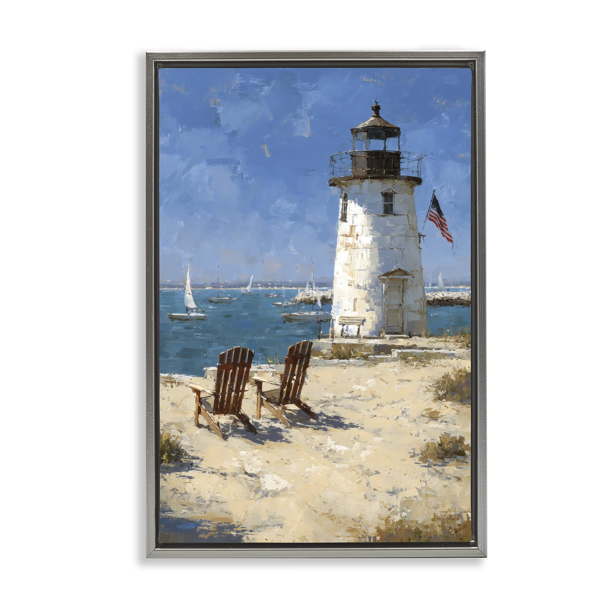 Stupell Industries Summer at Lighthouse Bay Gray Framed Floater Canvas Wall Art, design by Petal Prints Design