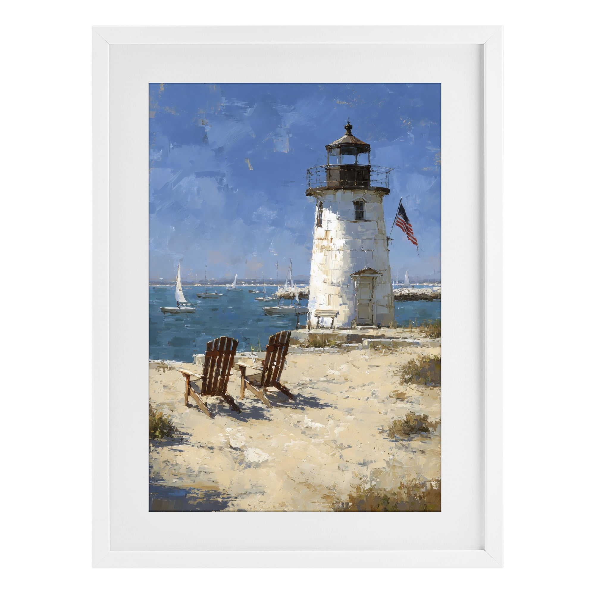 Stupell Industries Summer at Lighthouse Bay White Framed Print Under Glass, design by Petal Prints Design