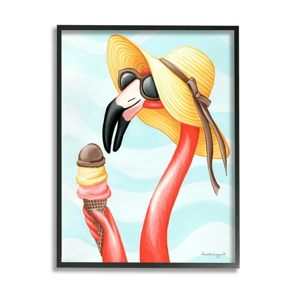 Stupell Industries Summertime Flamingo Sun Hat Enjoying Ice Cream Cone Graphic Art Black Framed Art Print Wall Art, Design by Amelie Legault