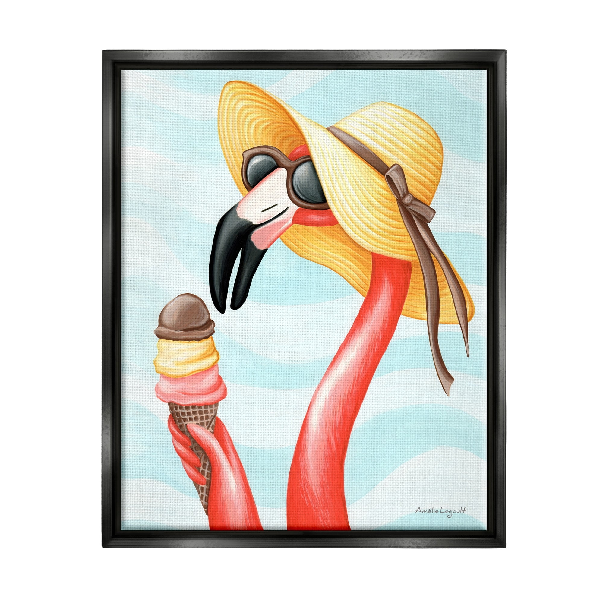 Stupell Industries Summertime Flamingo Sun Hat Enjoying Ice Cream Cone Graphic Art Jet Black Floating Framed Canvas Print Wall Art, Design by Amelie Legault