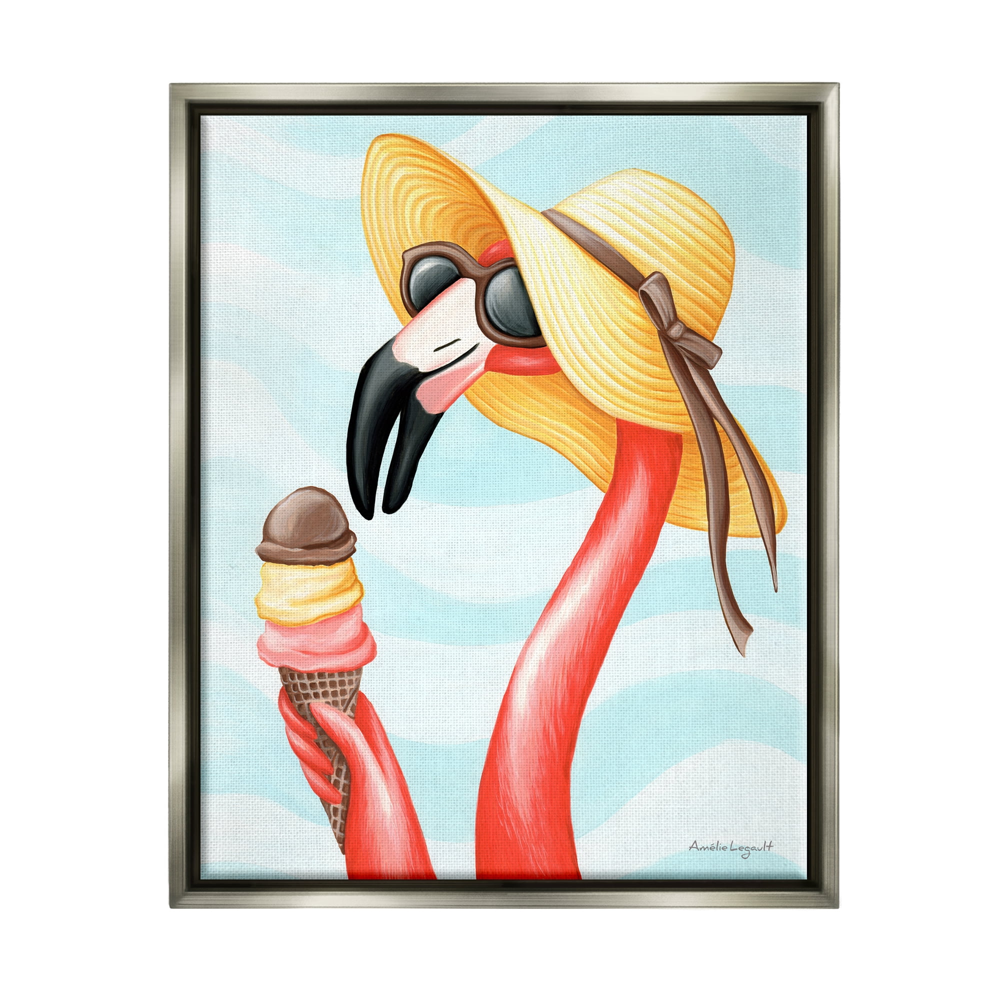 Stupell Industries Summertime Flamingo Sun Hat Enjoying Ice Cream Cone Graphic Art Luster Gray Floating Framed Canvas Print Wall Art, Design by Amelie Legault