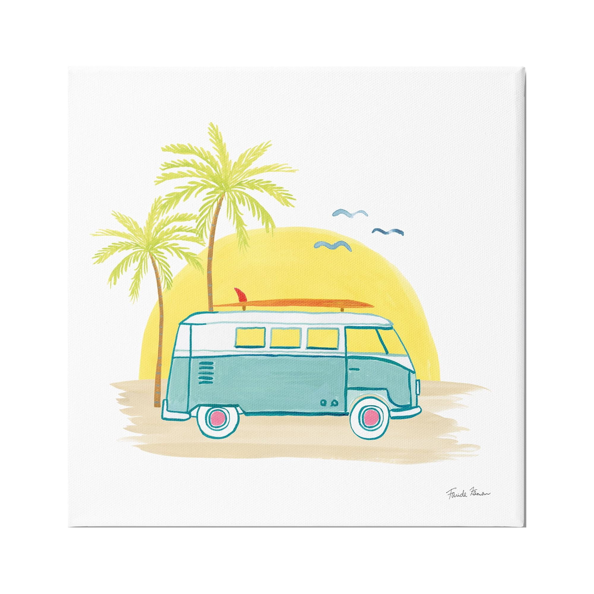 Stupell Industries Summertime Tropical Bus Sunshine Palm Tree Travel Illustration Drawings Gallery-Wrapped Canvas Print Wall Art, 36x36, by Farida Zaman