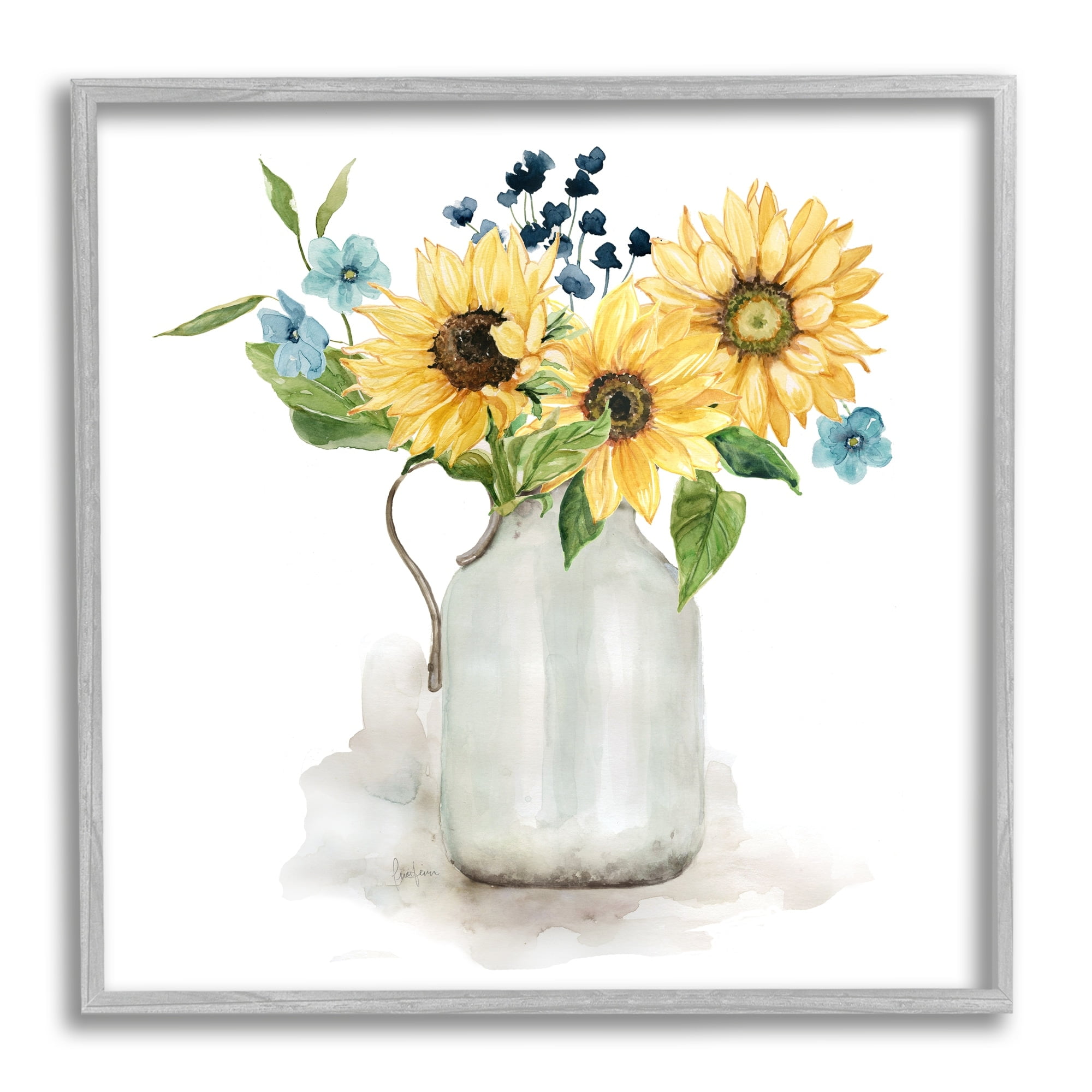 Stupell Industries Summery Flower Blossoms Arranged Country Jug Watercolor Detail Graphic Art Gray Framed Art Print Wall Art, Design by Livi Finn