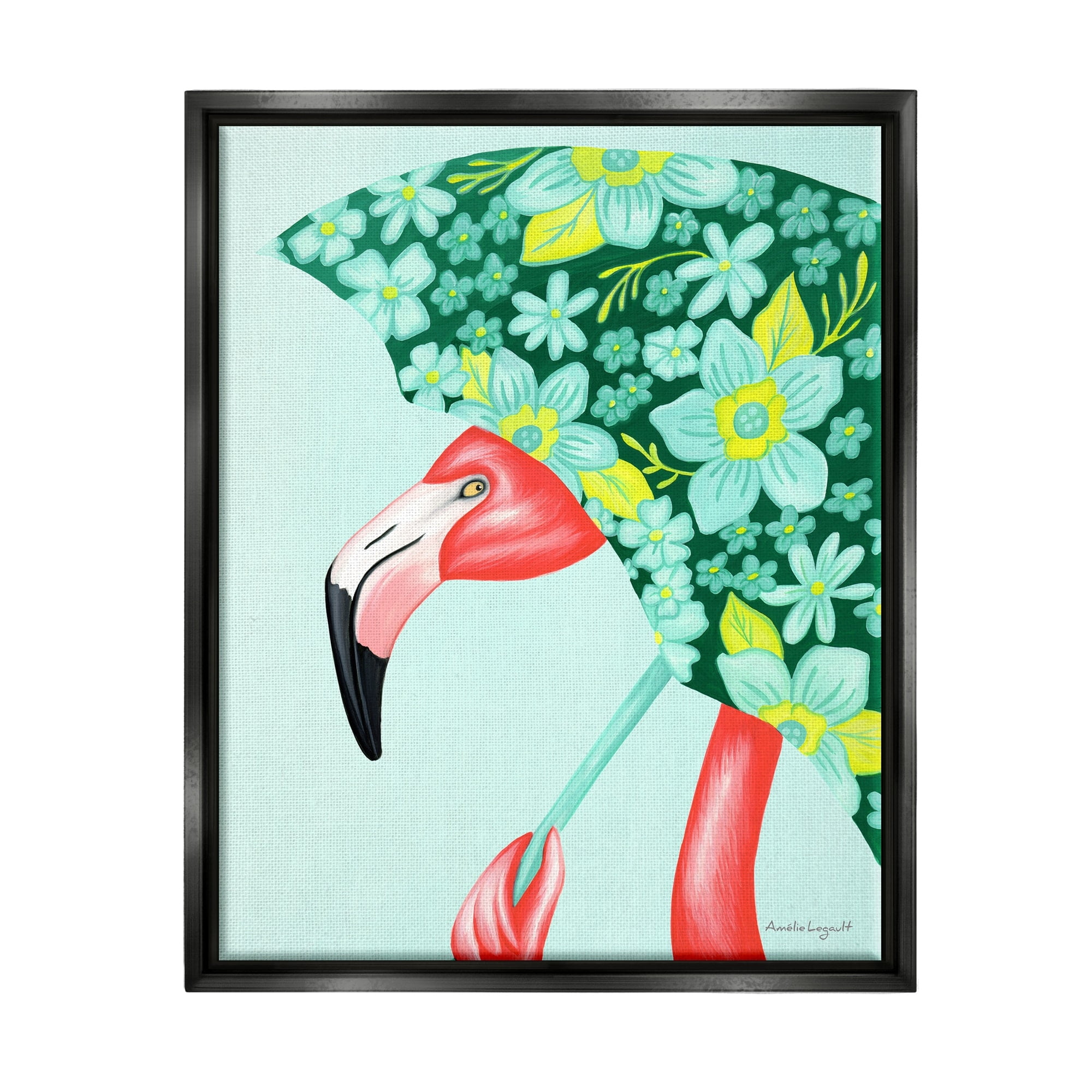 Stupell Industries Summery Pink Flamingo Floral Petal Patterned Umbrella Graphic Art Jet Black Floating Framed Canvas Print Wall Art, Design by Amelie Legault