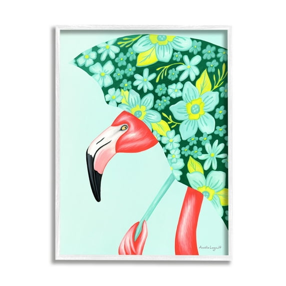 Stupell Industries Summery Pink Flamingo Floral Petal Patterned Umbrella Graphic Art White Framed Art Print Wall Art, Design by Amelie Legault