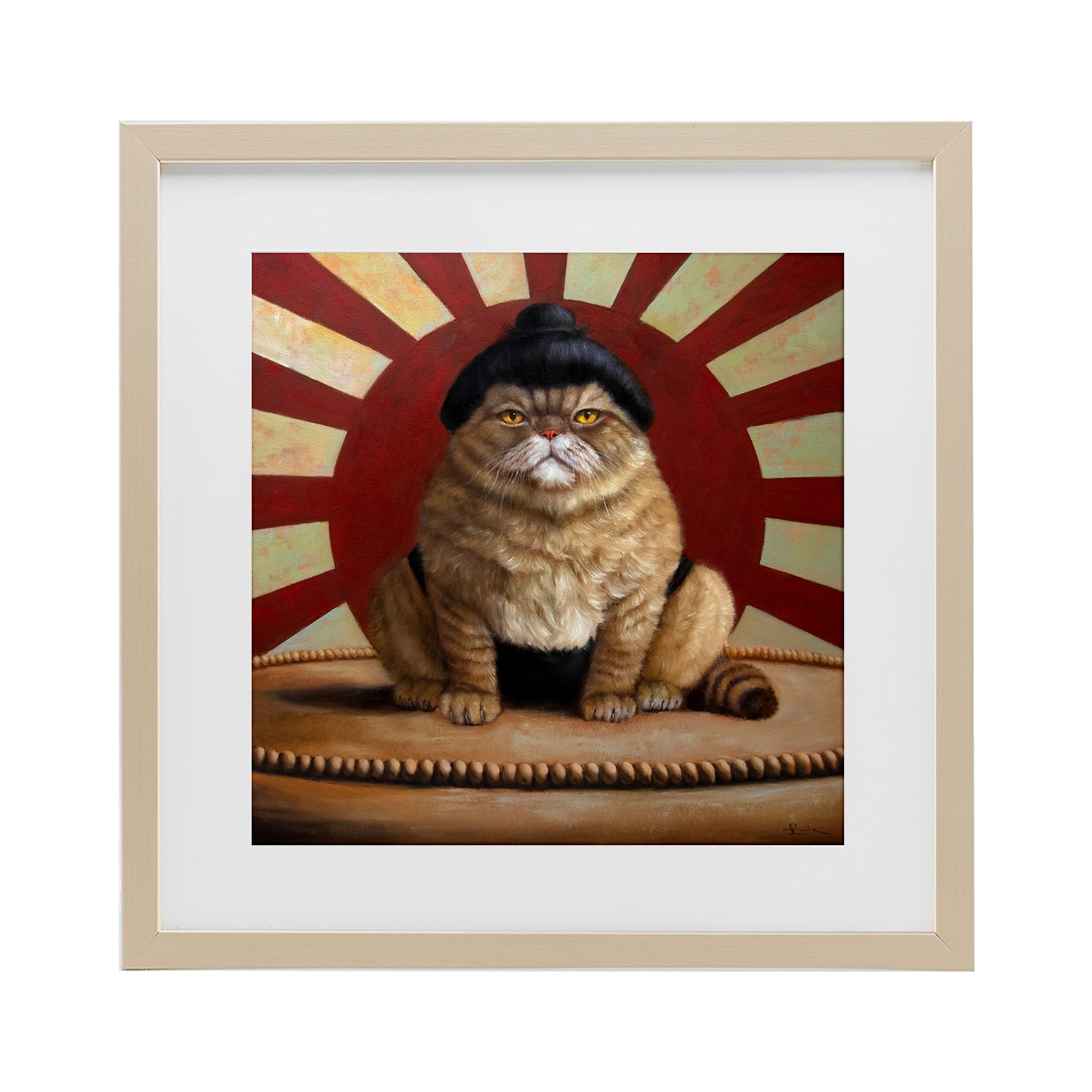 Stupell Industries Sumo Cat with Sun Rays Birch Framed Print Under Glass, design by Lucia Heffernan