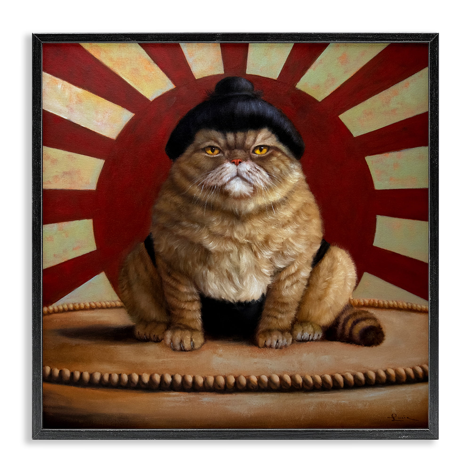 Stupell Industries Sumo Cat with Sun Rays Black Framed Giclee Art, design by Lucia Heffernan