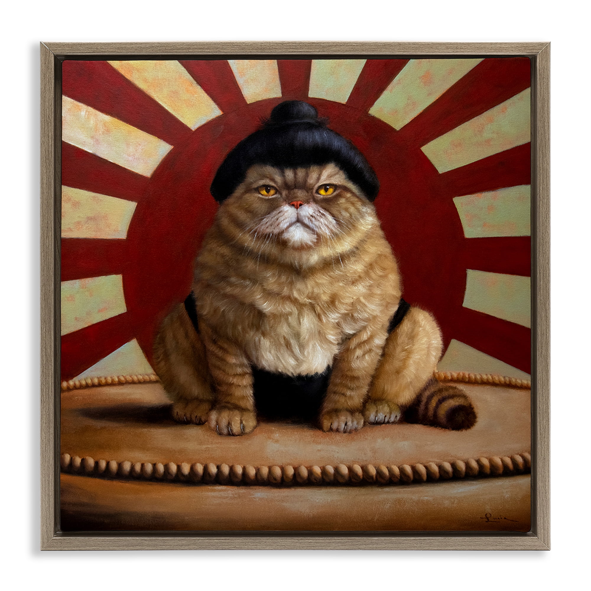 Stupell Industries Sumo Cat with Sun Rays Brown Framed Floater Canvas Wall Art, design by Lucia Heffernan