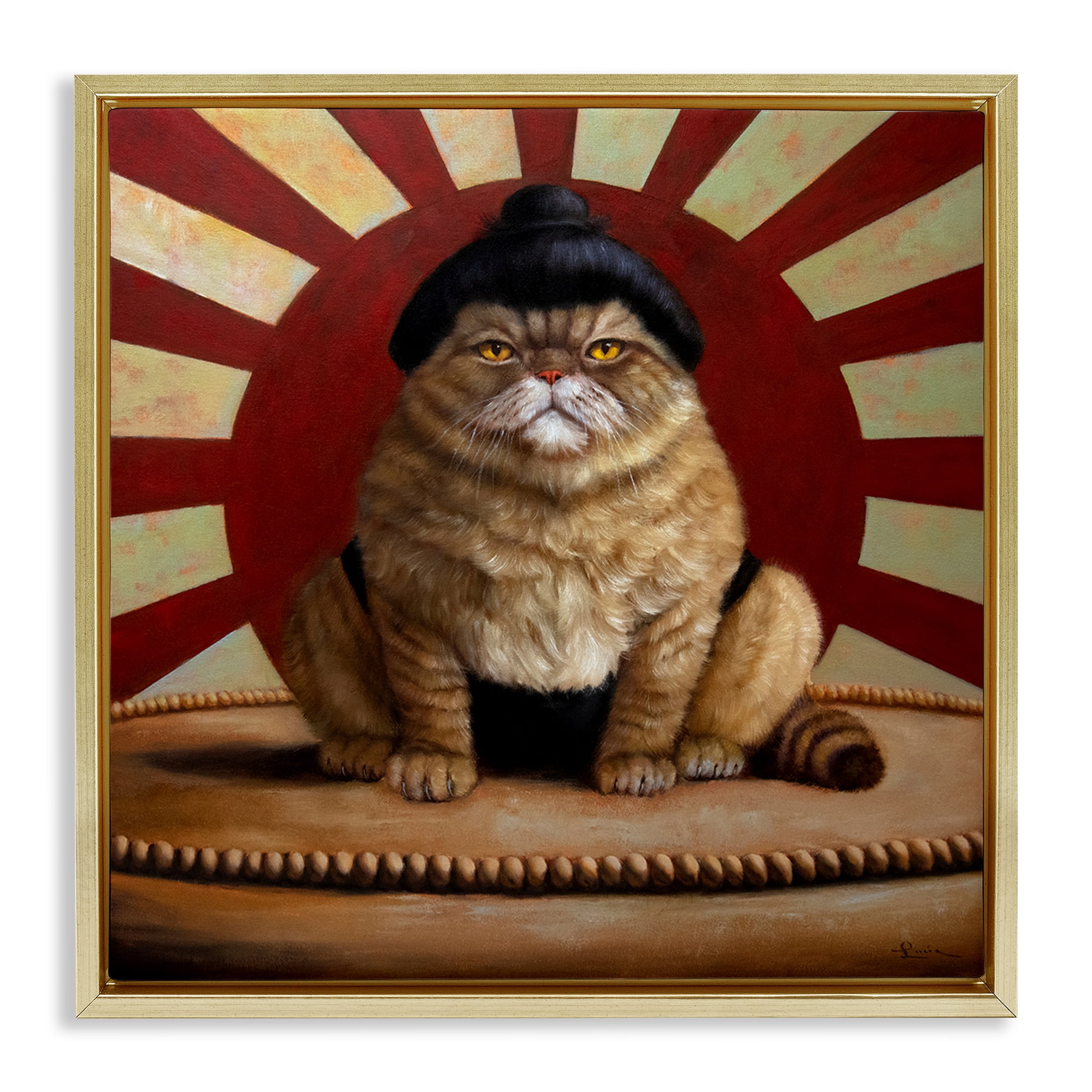 Stupell Industries Sumo Cat with Sun Rays Gold Framed Floater Canvas Wall Art, design by Lucia Heffernan