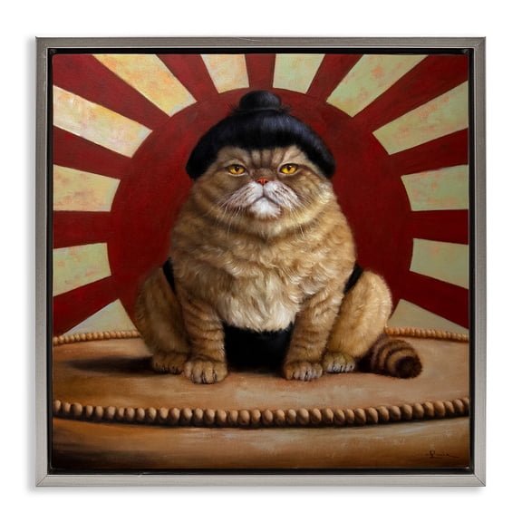 Stupell Industries Sumo Cat with Sun Rays Gray Framed Floater Canvas Wall Art, design by Lucia Heffernan