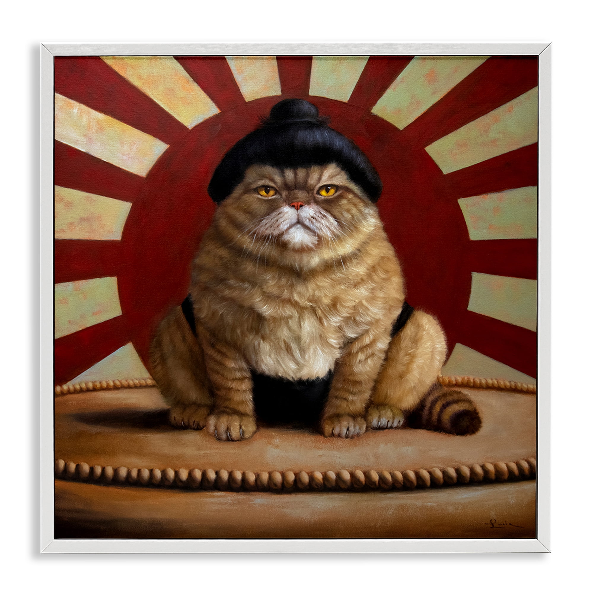 Stupell Industries Sumo Cat with Sun Rays White Framed Giclee Art, design by Lucia Heffernan