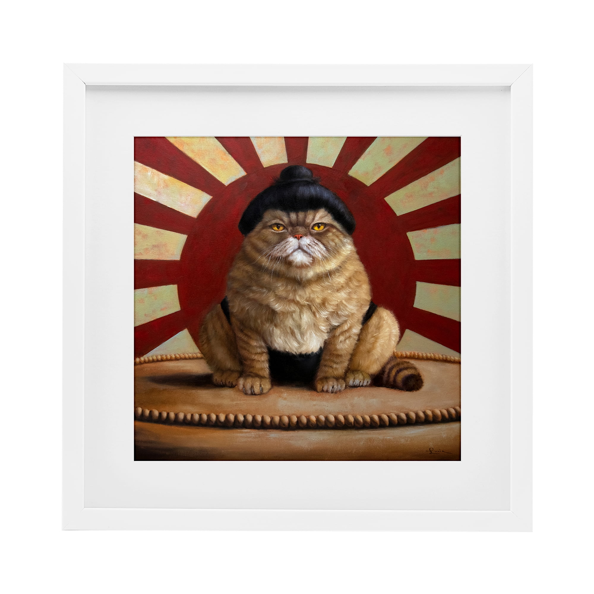 Stupell Industries Sumo Cat with Sun Rays White Framed Print Under Glass, design by Lucia Heffernan