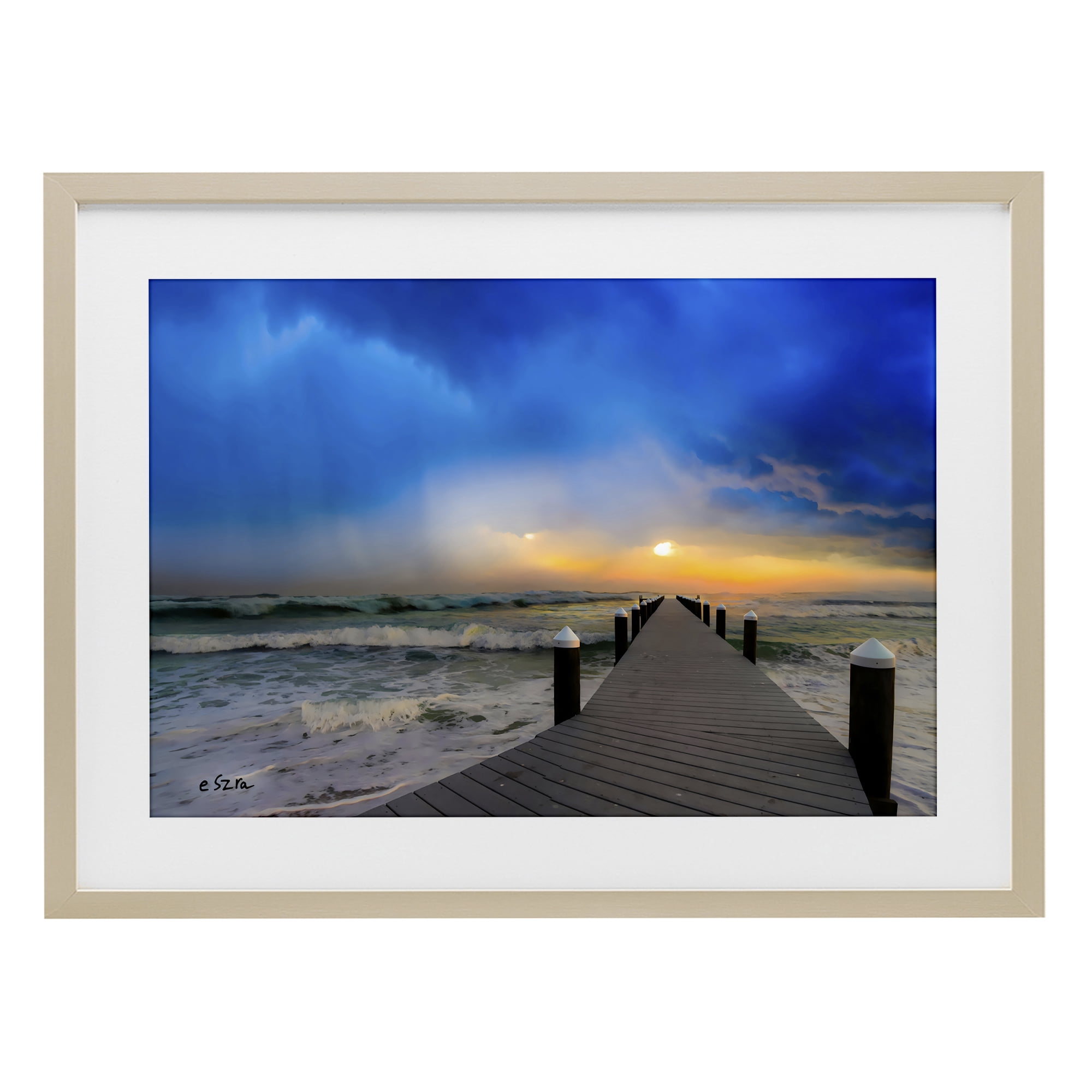 Stupell Industries Sun Breaking Over Sea Pier Birch Framed Print Under Glass, design by Eszra Tanner