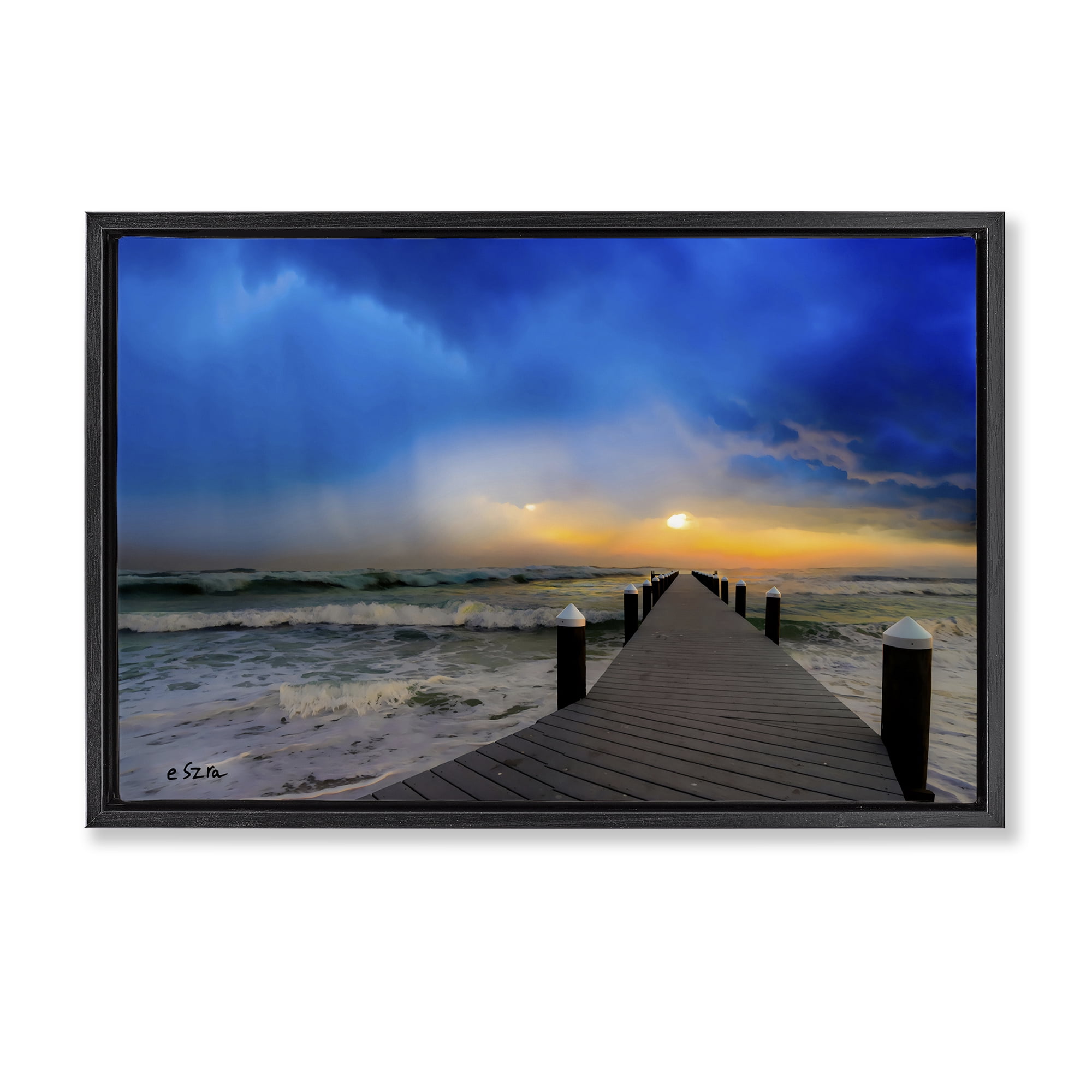 Stupell Industries Sun Breaking Over Sea Pier Black Framed Floater Canvas Wall Art, design by Eszra Tanner