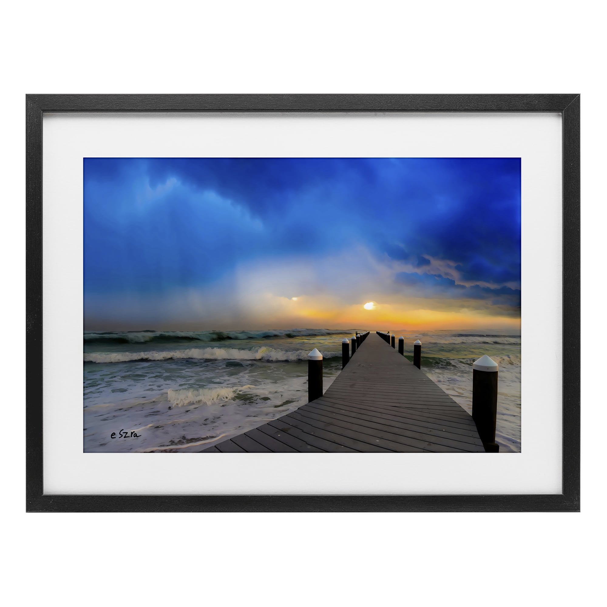 Stupell Industries Sun Breaking Over Sea Pier Black Framed Print Under Glass, design by Eszra Tanner