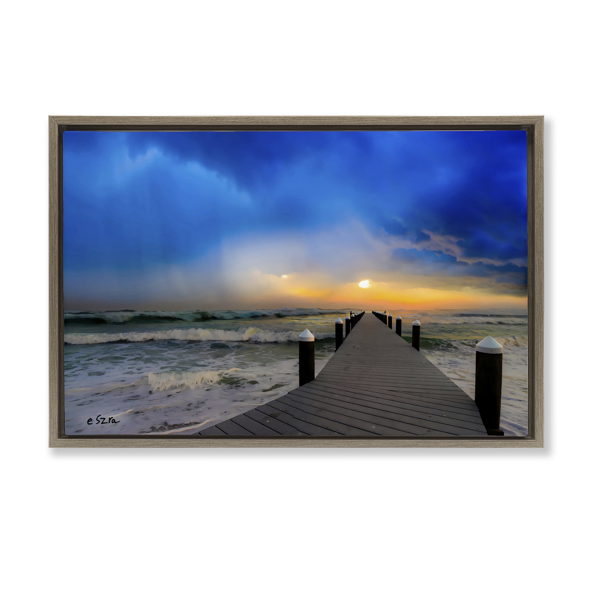 Stupell Industries Sun Breaking Over Sea Pier Brown Framed Floater Canvas Wall Art, design by Eszra Tanner