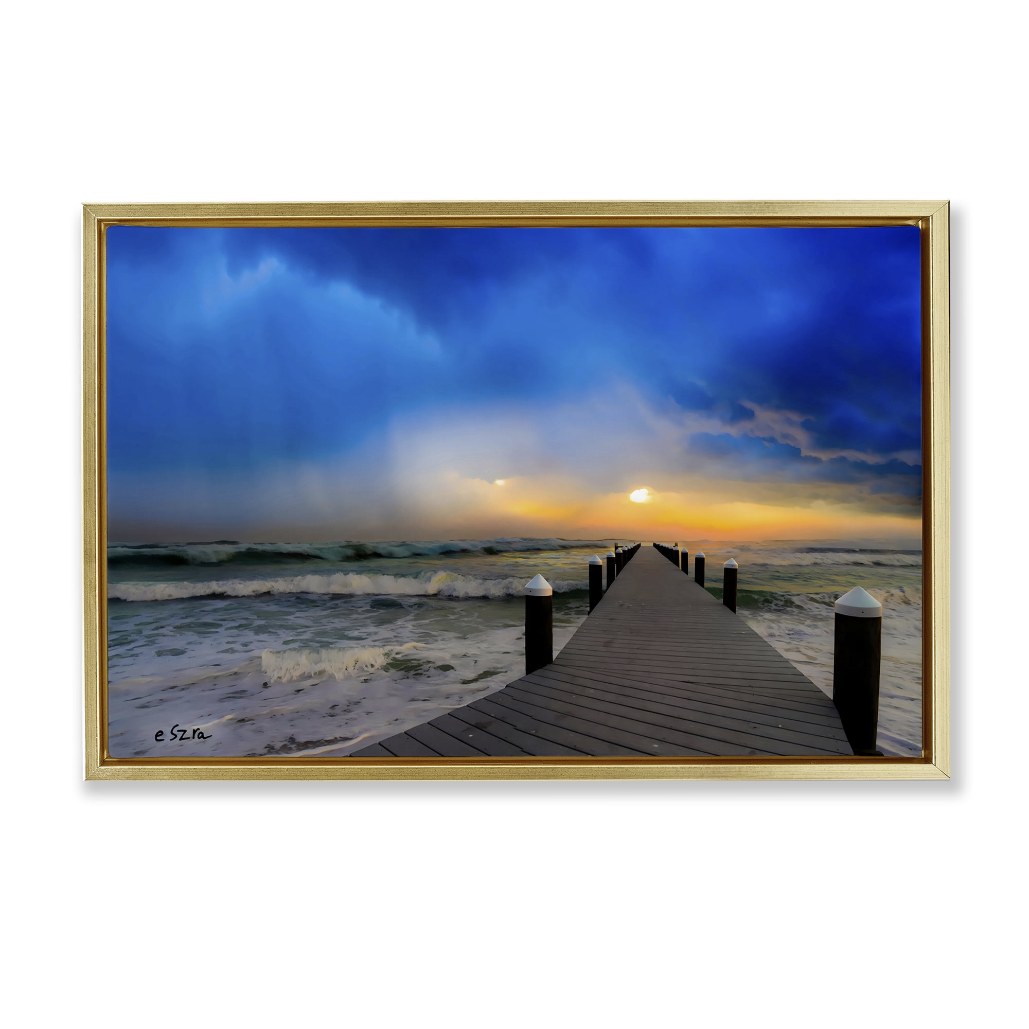 Stupell Industries Sun Breaking Over Sea Pier Gold Framed Floater Canvas Wall Art, design by Eszra Tanner