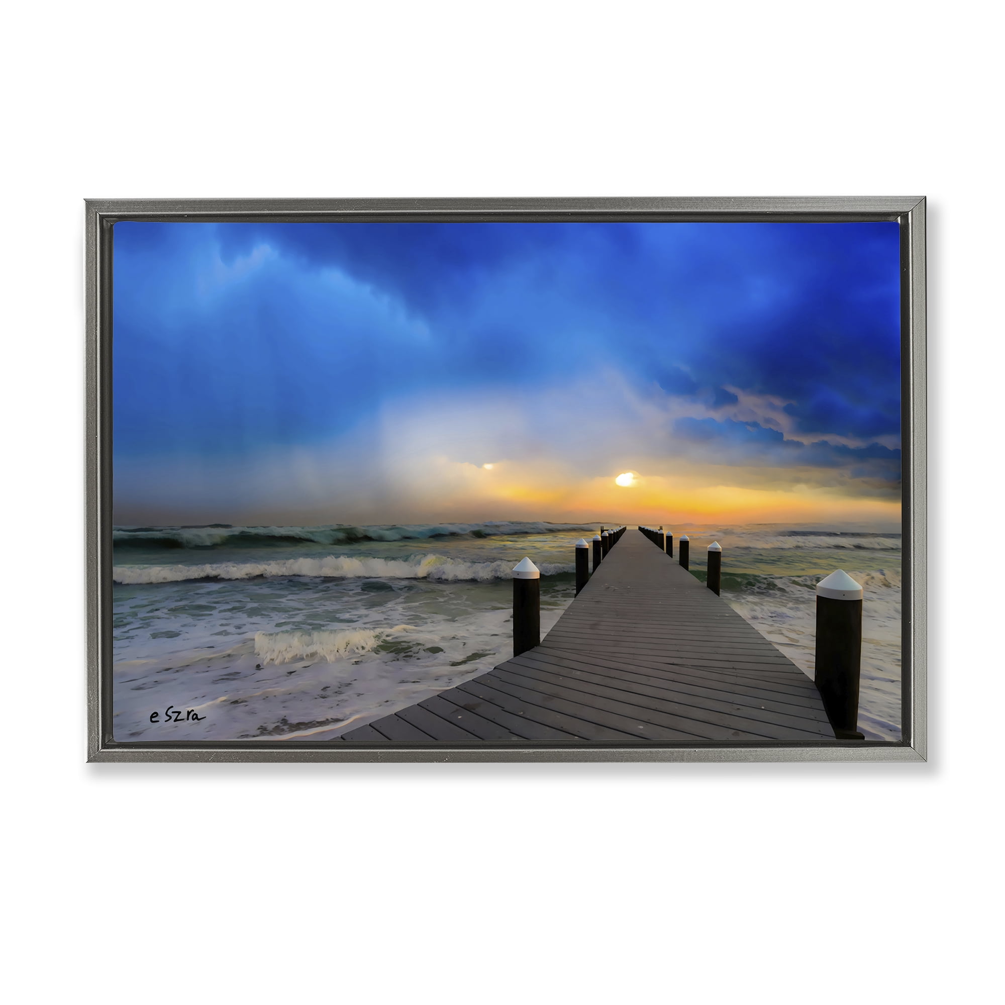 Stupell Industries Sun Breaking Over Sea Pier Gray Framed Floater Canvas Wall Art, design by Eszra Tanner