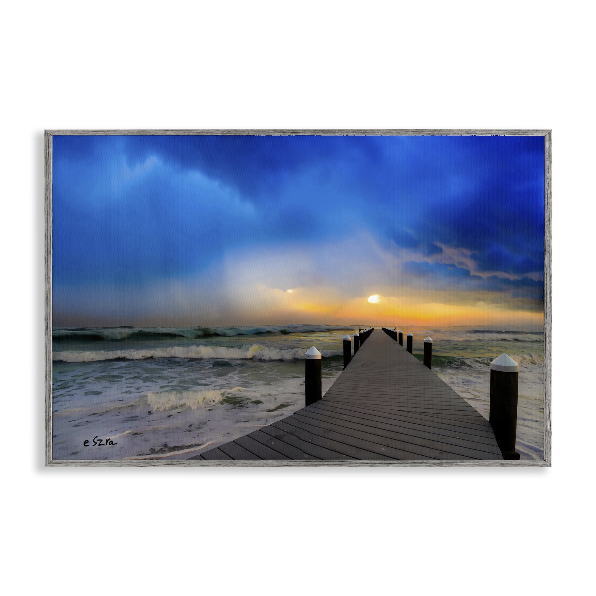 Stupell Industries Sun Breaking Over Sea Pier Gray Framed Giclee Art, design by Eszra Tanner
