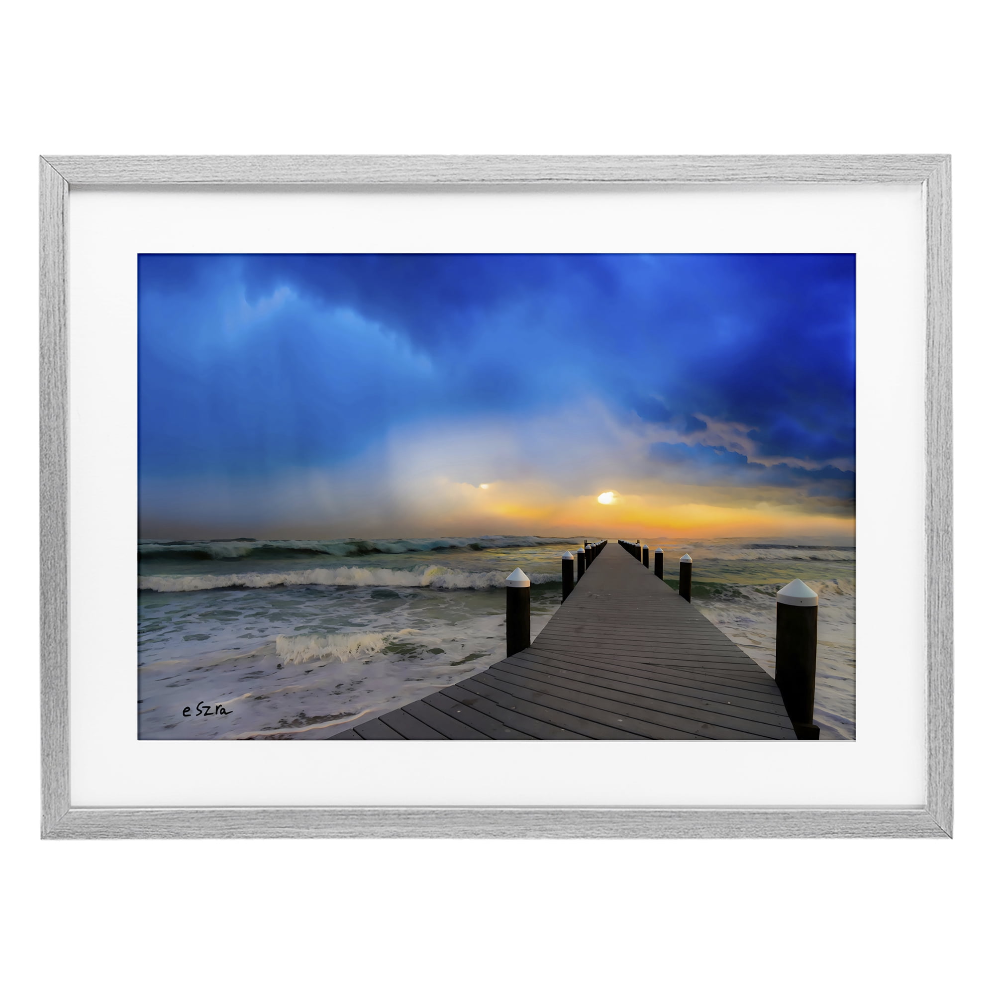 Stupell Industries Sun Breaking Over Sea Pier Gray Framed Print Under Glass, design by Eszra Tanner