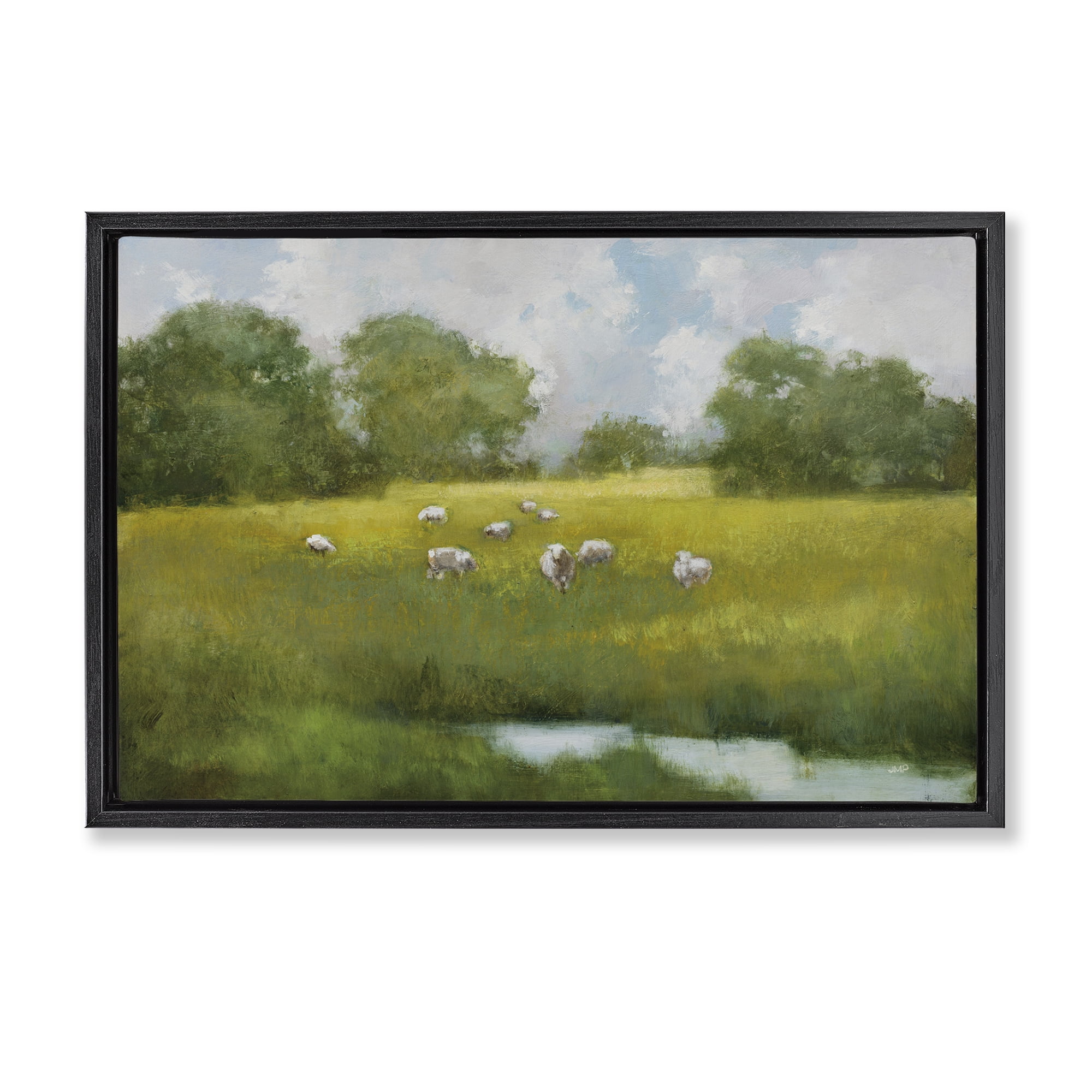 Stupell Industries Sun Grazing Sheep Landscape & Nature Painting Black Floater Framed Canvas Art Print Wall Art, 25 x 17