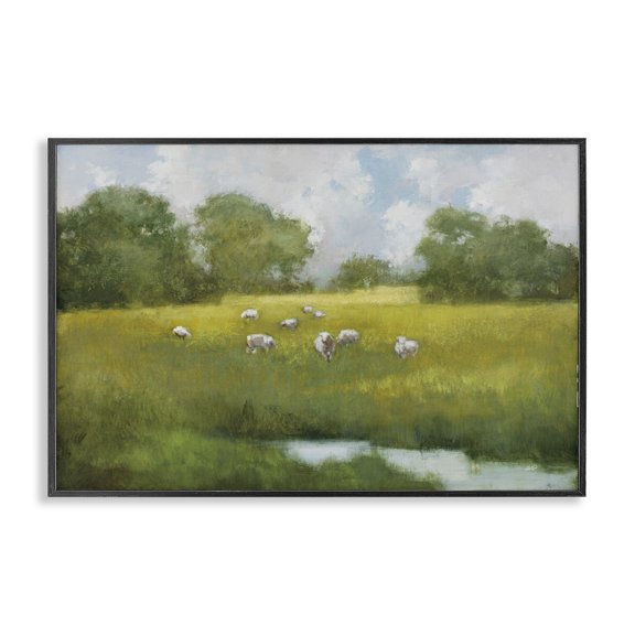 Stupell Industries Sun Grazing Sheep Landscape & Nature Painting Black Framed Art Print Wall Art, 30 x 20