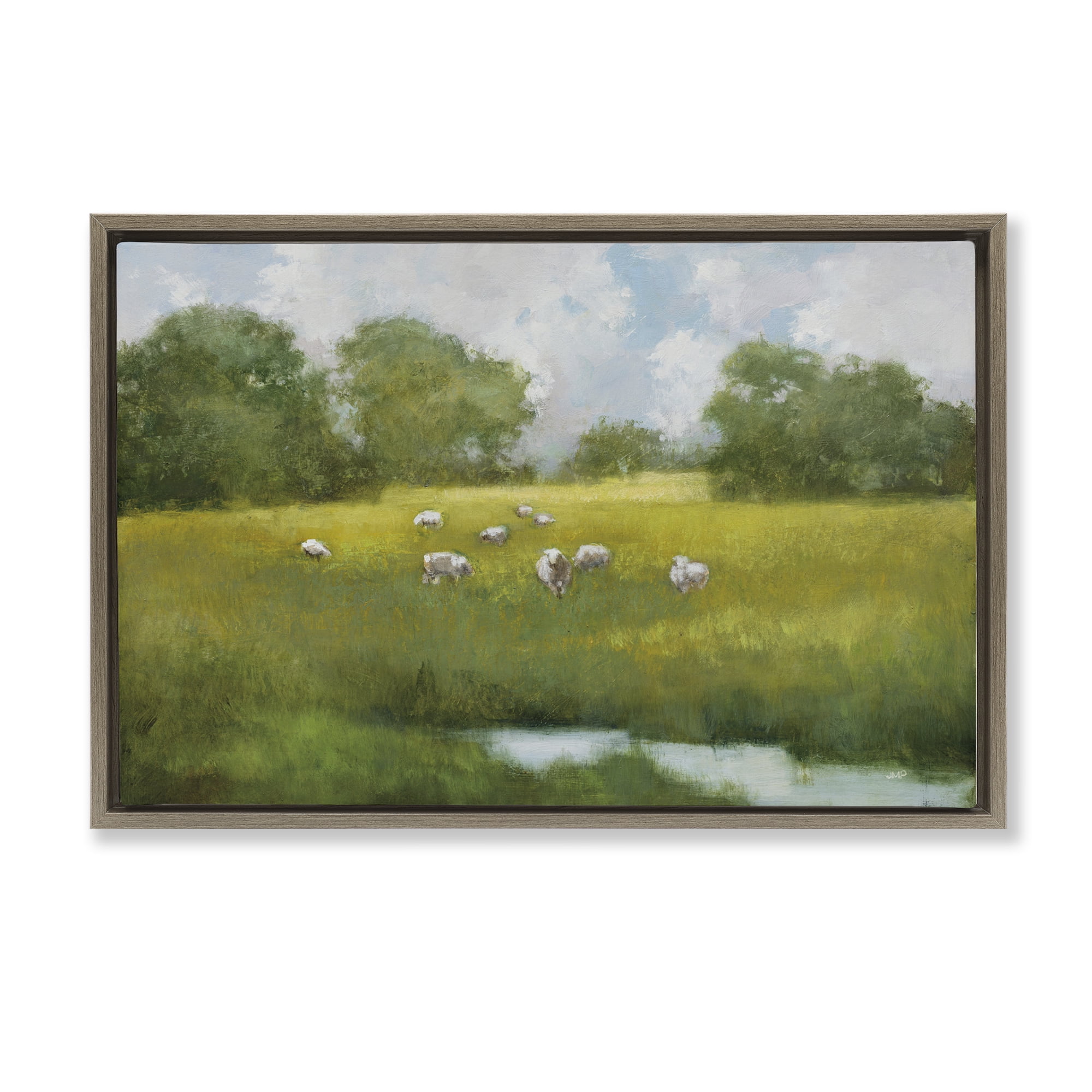 Stupell Industries Sun Grazing Sheep Landscape & Nature Painting Brown Floater Framed Canvas Art Print Wall Art, 31 x 21