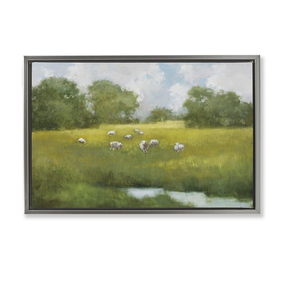 Stupell Industries Sun Grazing Sheep Landscape & Nature Painting Gray Floater Framed Canvas Art Print Wall Art, 25 x 17