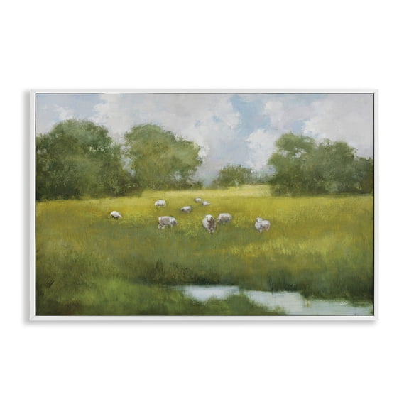 Stupell Industries Sun Grazing Sheep Landscape & Nature Painting White Framed Art Print Wall Art, 18 x 12