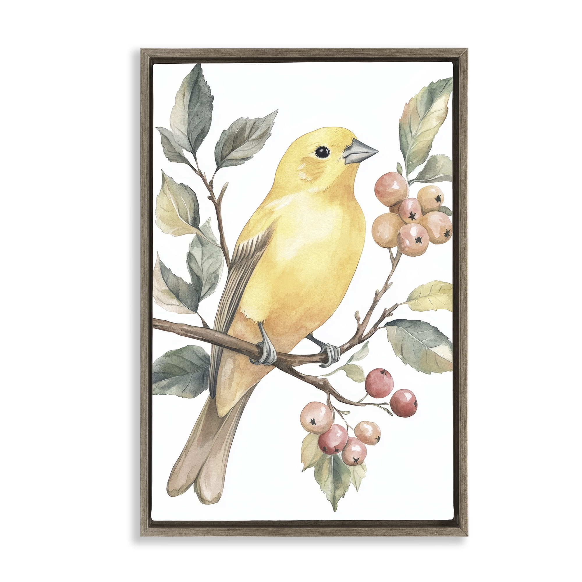 Stupell Industries Sun Lit Bird on Branch Brown Framed Floater Canvas Wall Art, design by Petal Prints Design