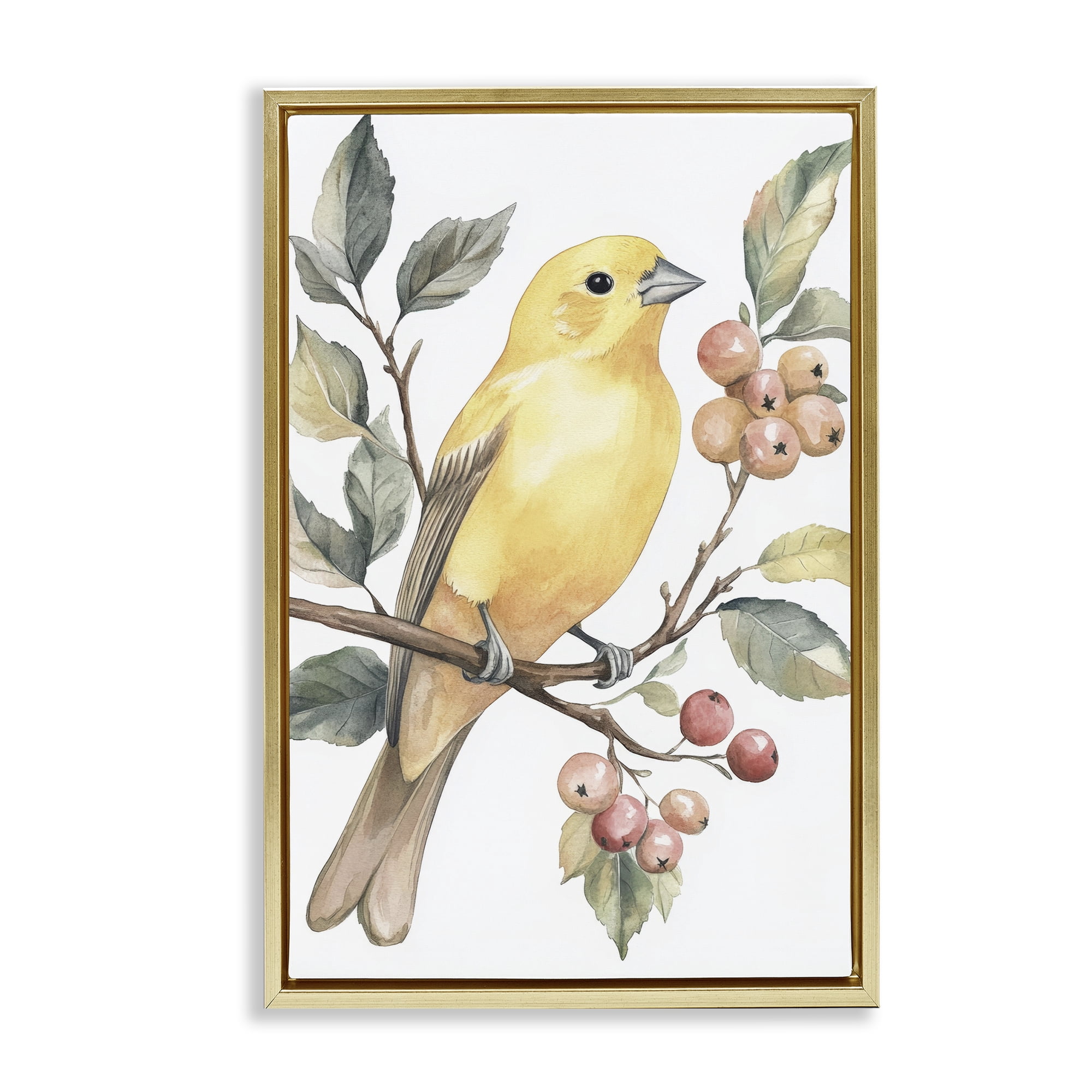Stupell Industries Sun Lit Bird on Branch Gold Framed Floater Canvas Wall Art, design by Petal Prints Design