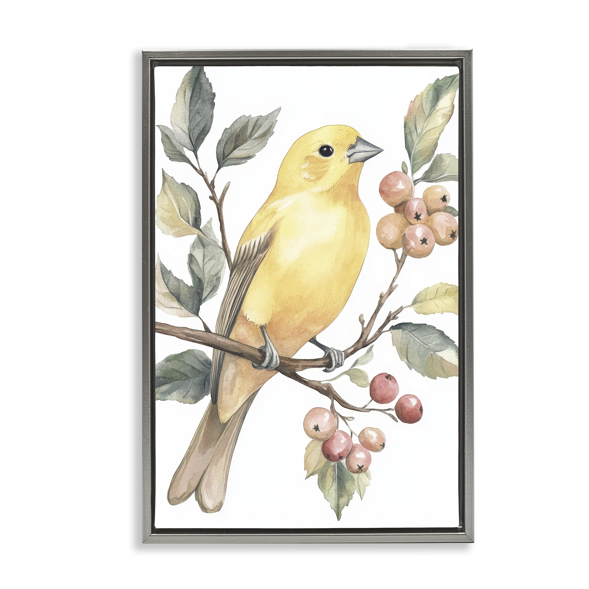 Stupell Industries Sun Lit Bird on Branch Gray Framed Floater Canvas Wall Art, design by Petal Prints Design