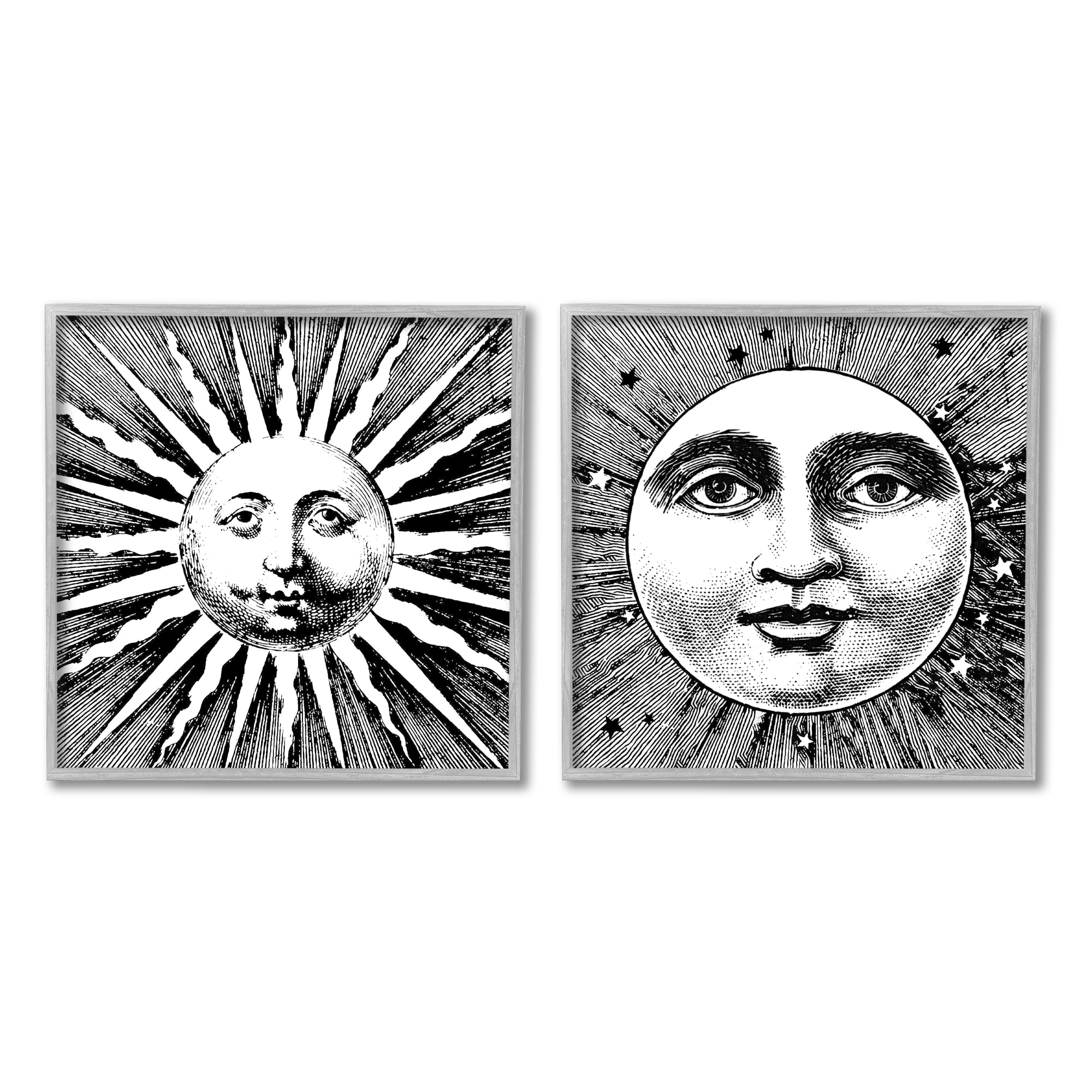 Stupell Industries Sun & Moon Faces Landscape Painting Gray Framed Art Print Wall Art, 17 x 17