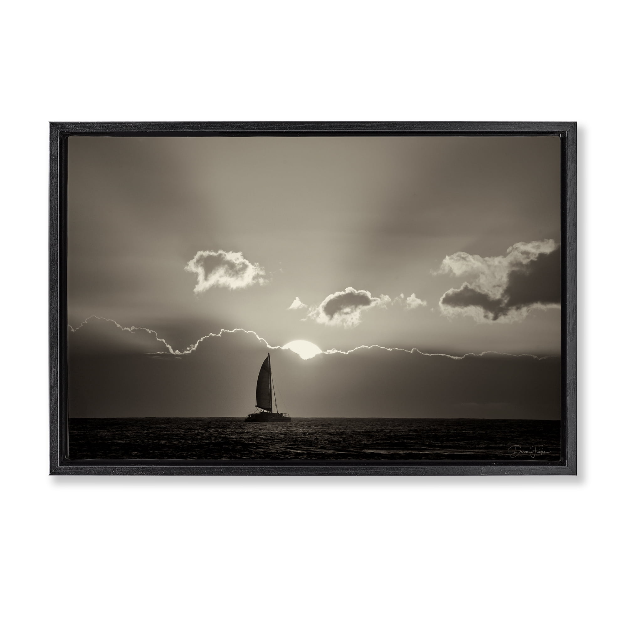 Stupell Industries Sun Peeking Over Boat Landscape & Nature Photography Black Floater Framed Canvas Art Print Wall Art, 25 x 17