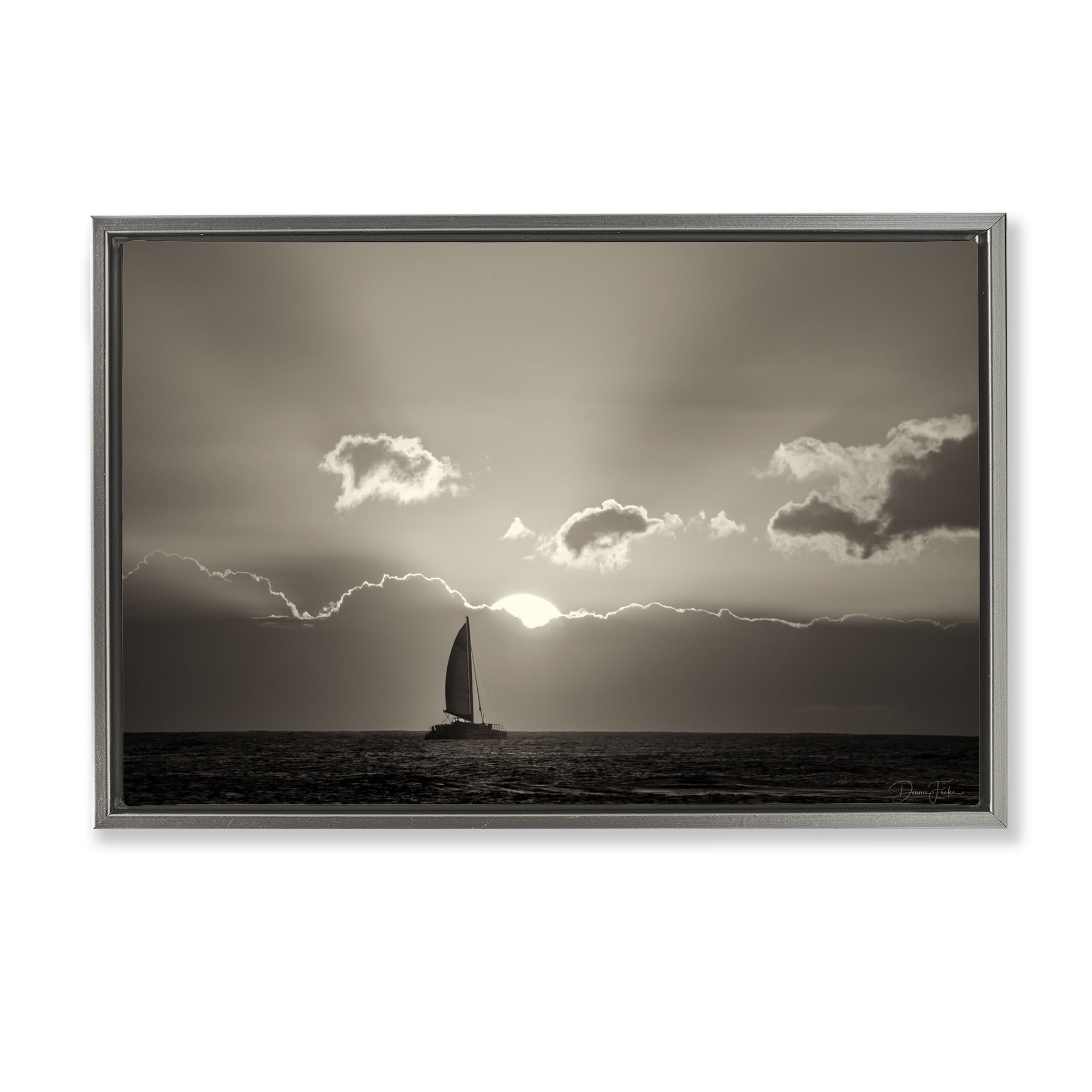Stupell Industries Sun Peeking Over Boat Landscape & Nature Photography Gray Floater Framed Canvas Art Print Wall Art, 31 x 21