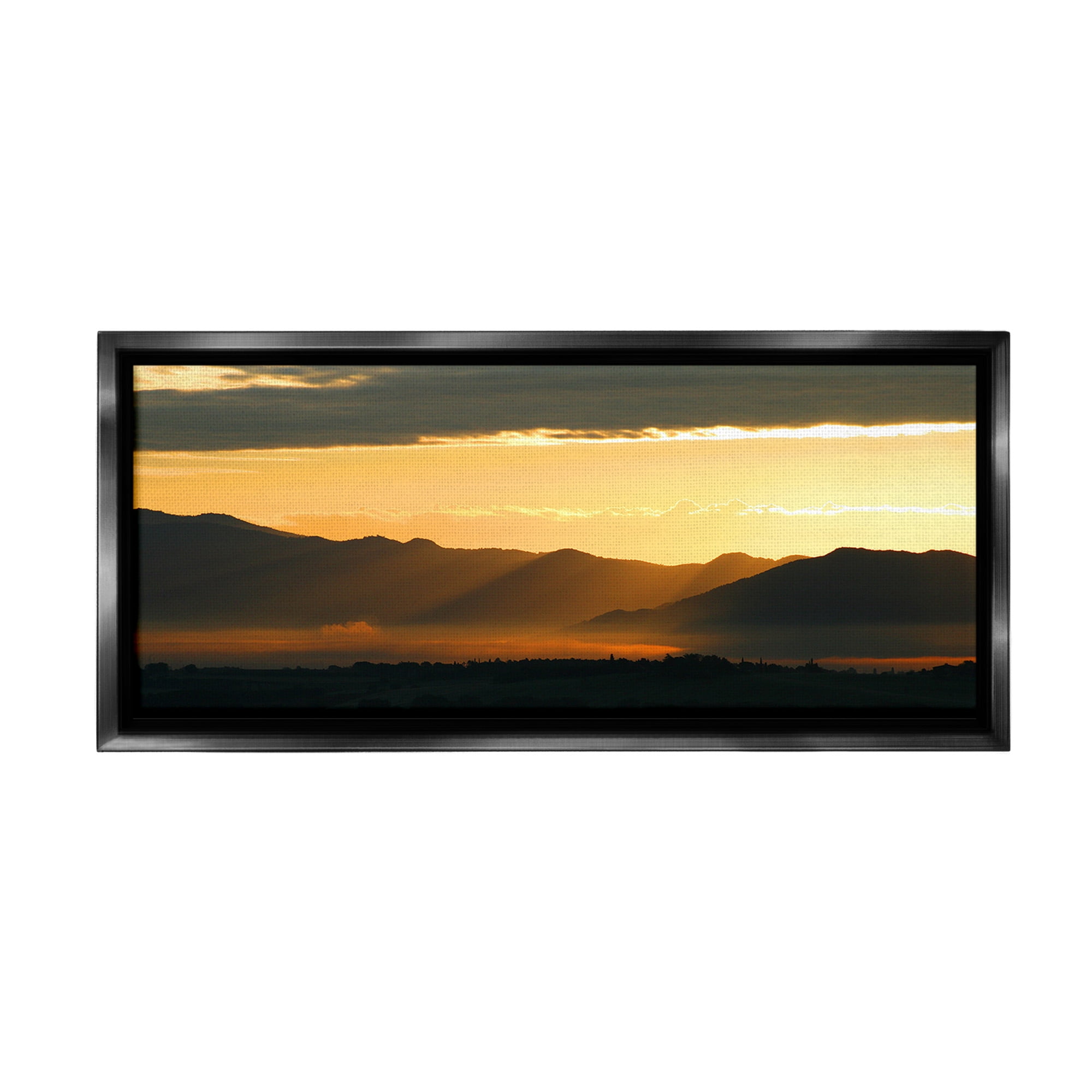Stupell Industries Sun Rays Over Mountains Landscape Photography Black Floater Framed Canvas Art Print Wall Art, 25 x 11