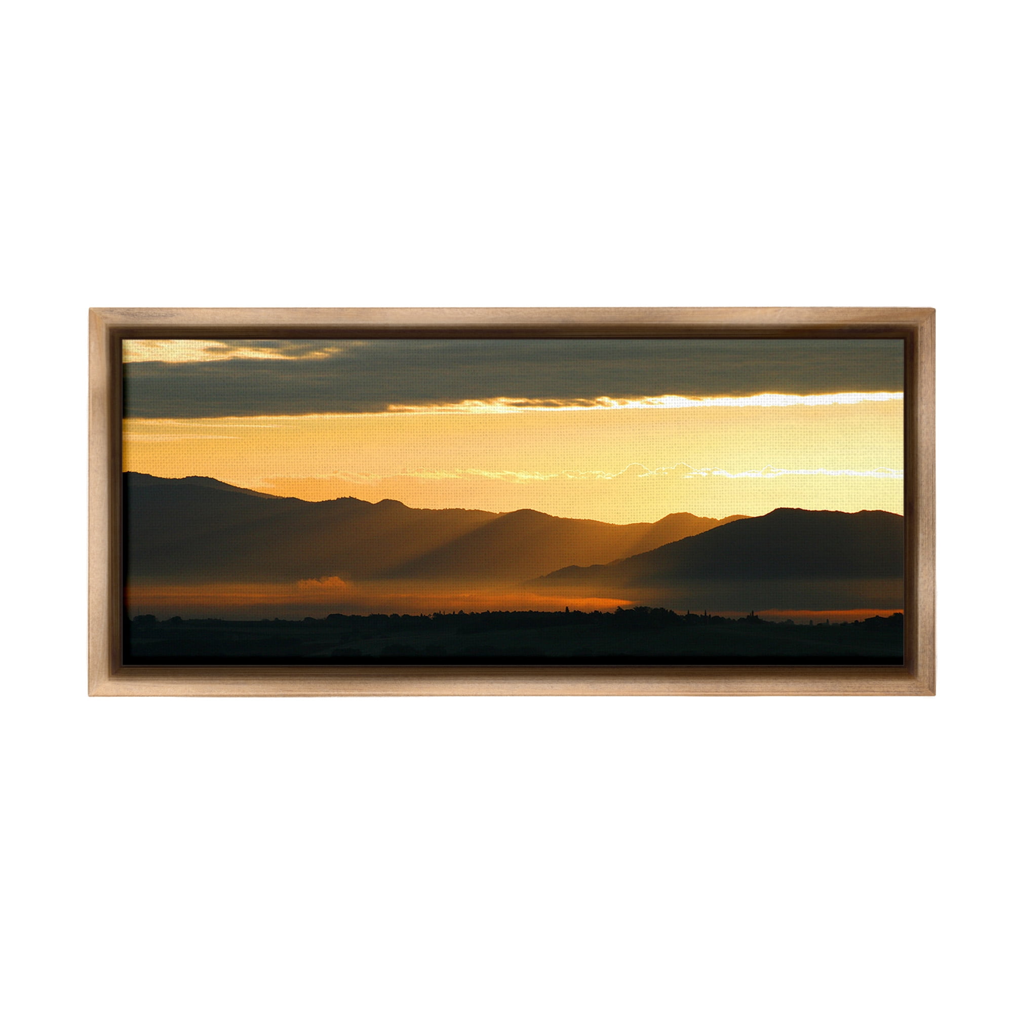 Stupell Industries Sun Rays Over Mountains Landscape Photography Brown Floater Framed Canvas Art Print Wall Art, 25 x 11