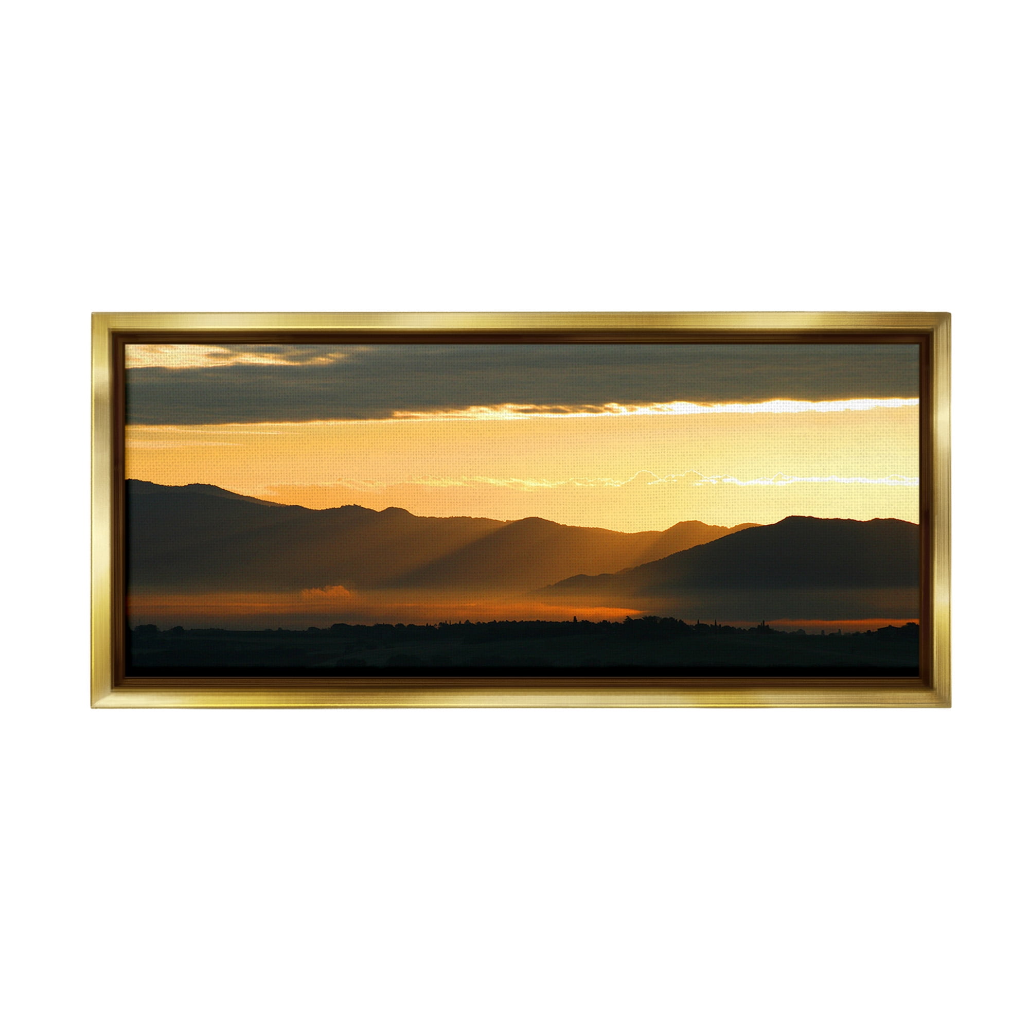 Stupell Industries Sun Rays Over Mountains Landscape Photography Gold Floater Framed Canvas Art Print Wall Art, 25 x 11