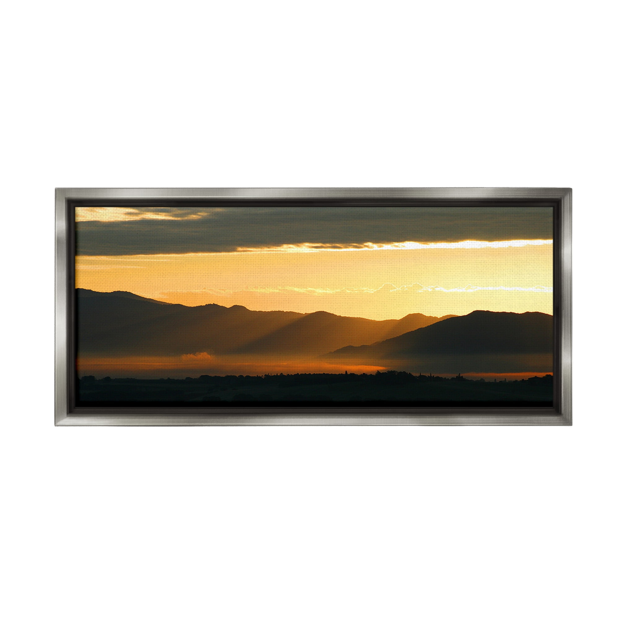 Stupell Industries Sun Rays Over Mountains Landscape Photography Gray Floater Framed Canvas Art Print Wall Art, 31 x 14