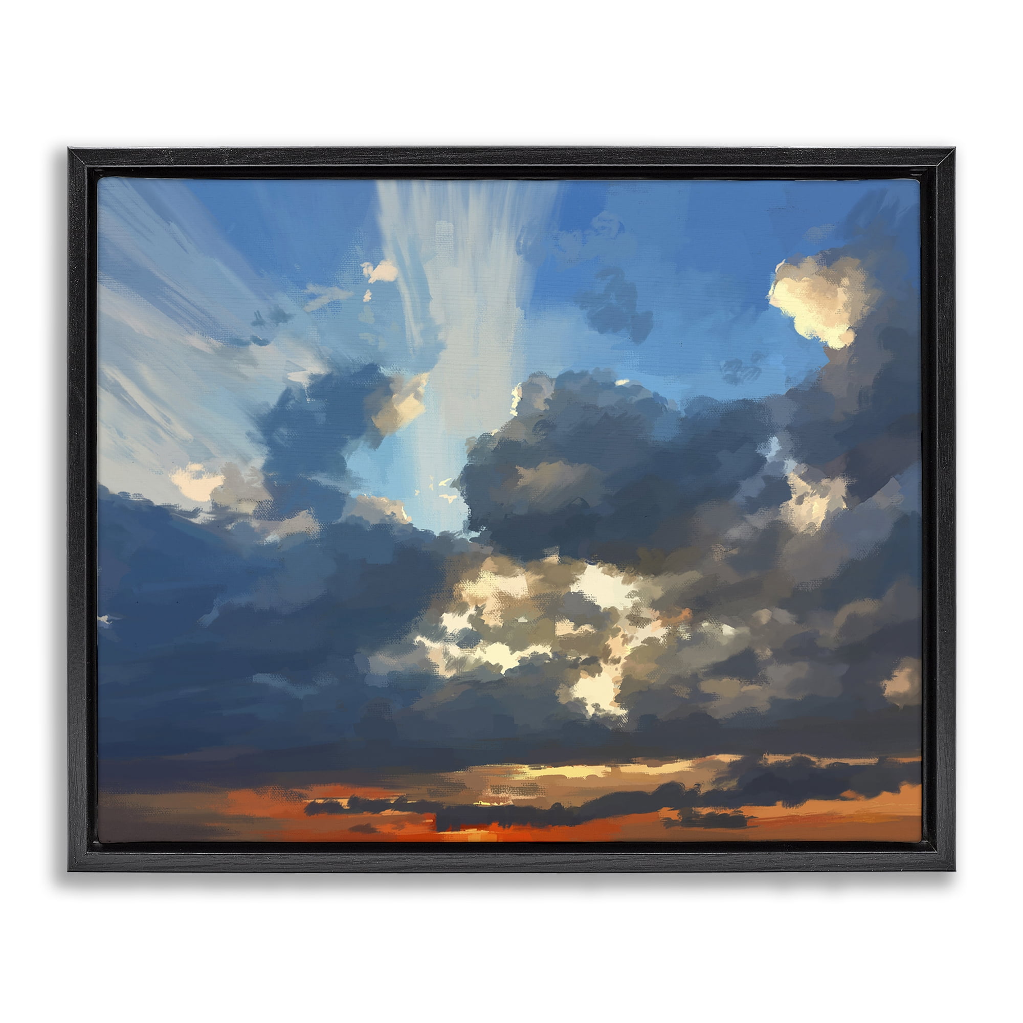 Stupell Industries Sun Rays Through Clouds Landscape & Nature Painting Black Floater Framed Canvas Art Print Wall Art, 21 x 17