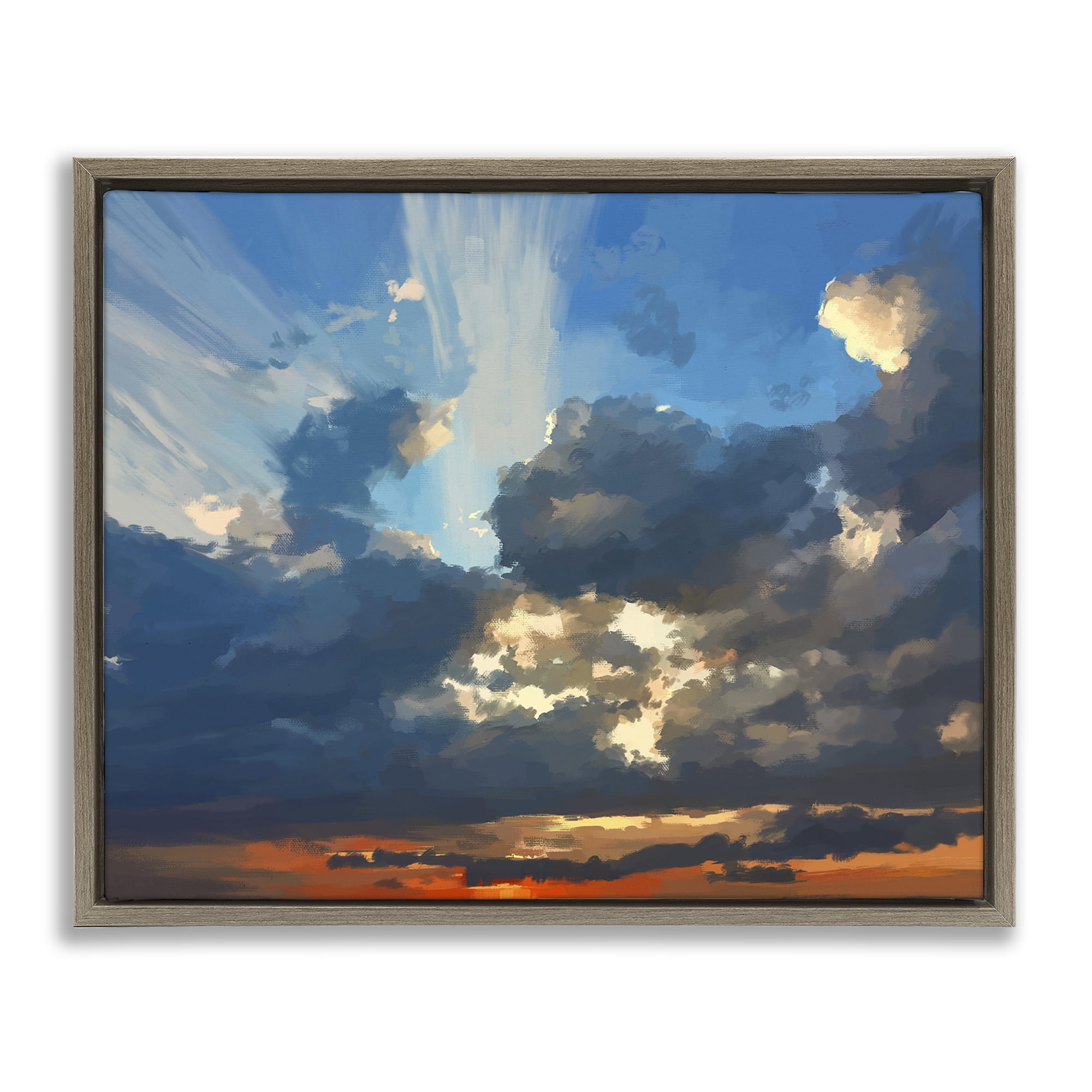 Stupell Industries Sun Rays Through Clouds Landscape & Nature Painting Brown Floater Framed Canvas Art Print Wall Art, 31 x 25