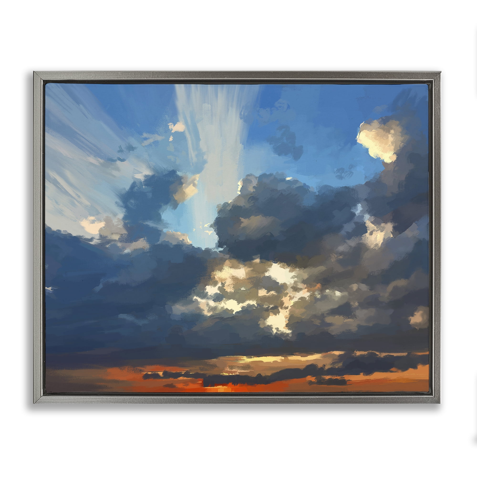 Stupell Industries Sun Rays Through Clouds Landscape & Nature Painting Gray Floater Framed Canvas Art Print Wall Art, 21 x 17