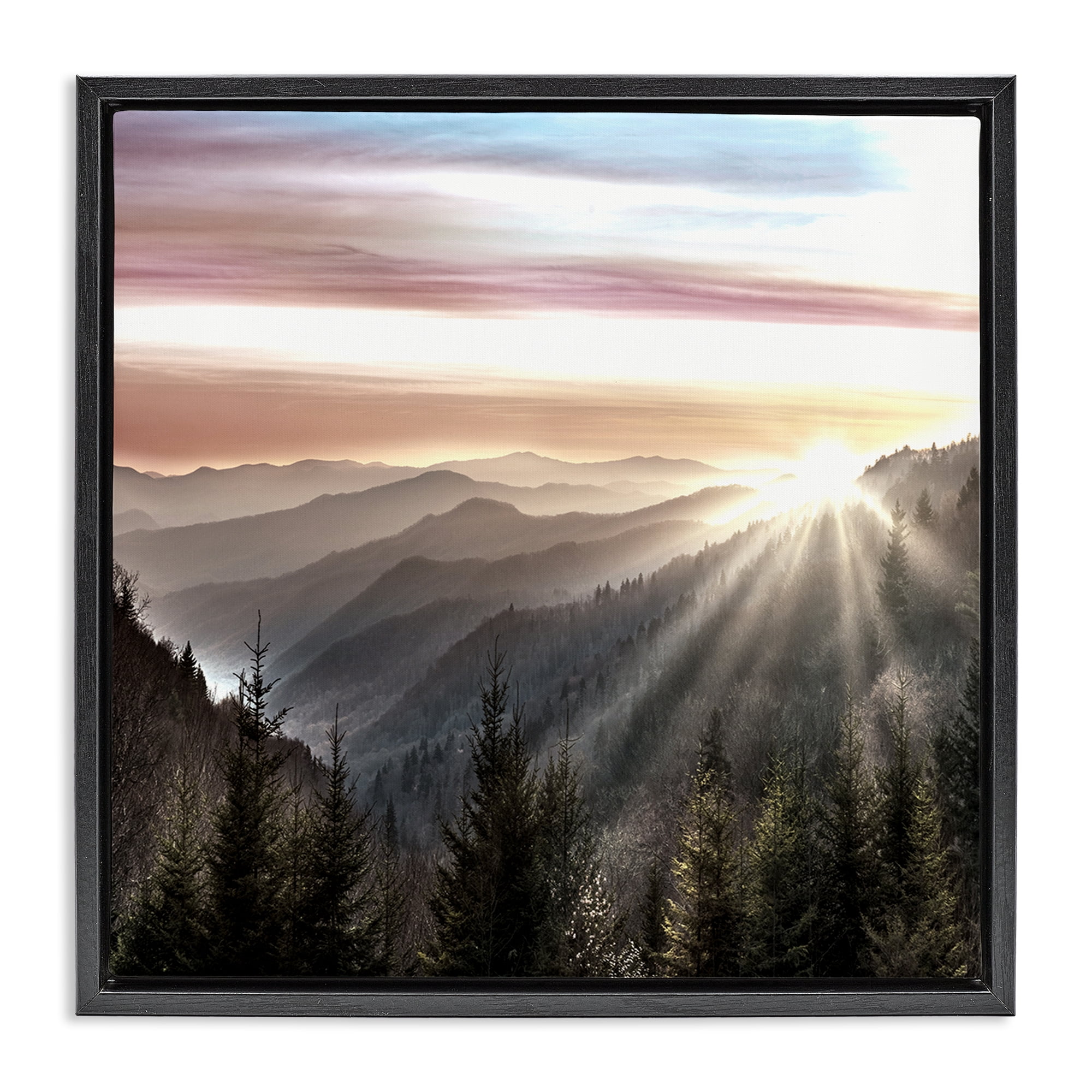 Stupell Industries Sun Rays Through Peaks Landscape & Nature Painting Black Floater Framed Canvas Art Print Wall Art, 18 x 18