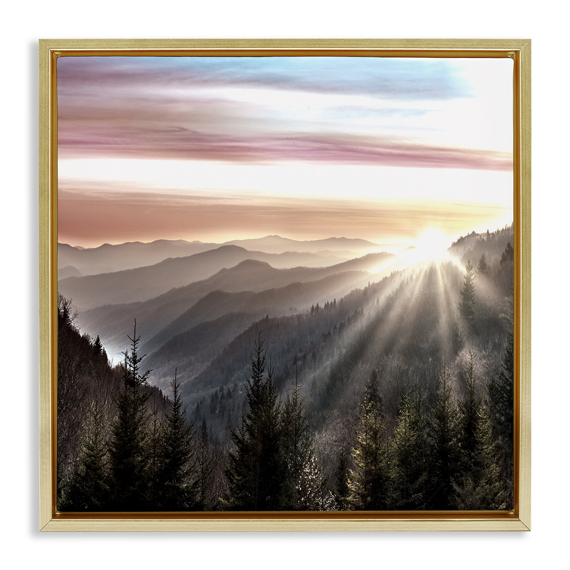 Stupell Industries Sun Rays Through Peaks Landscape & Nature Painting Gold Floater Framed Canvas Art Print Wall Art, 18 x 18