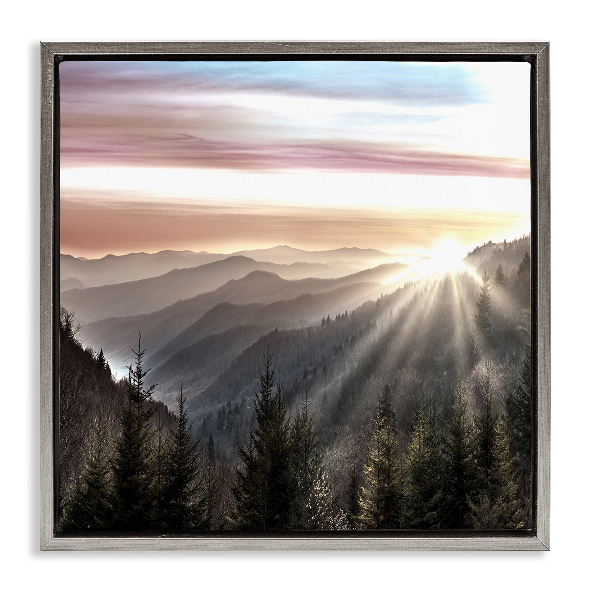 Stupell Industries Sun Rays Through Peaks Landscape & Nature Painting Gray Floater Framed Canvas Art Print Wall Art, 25 x 25
