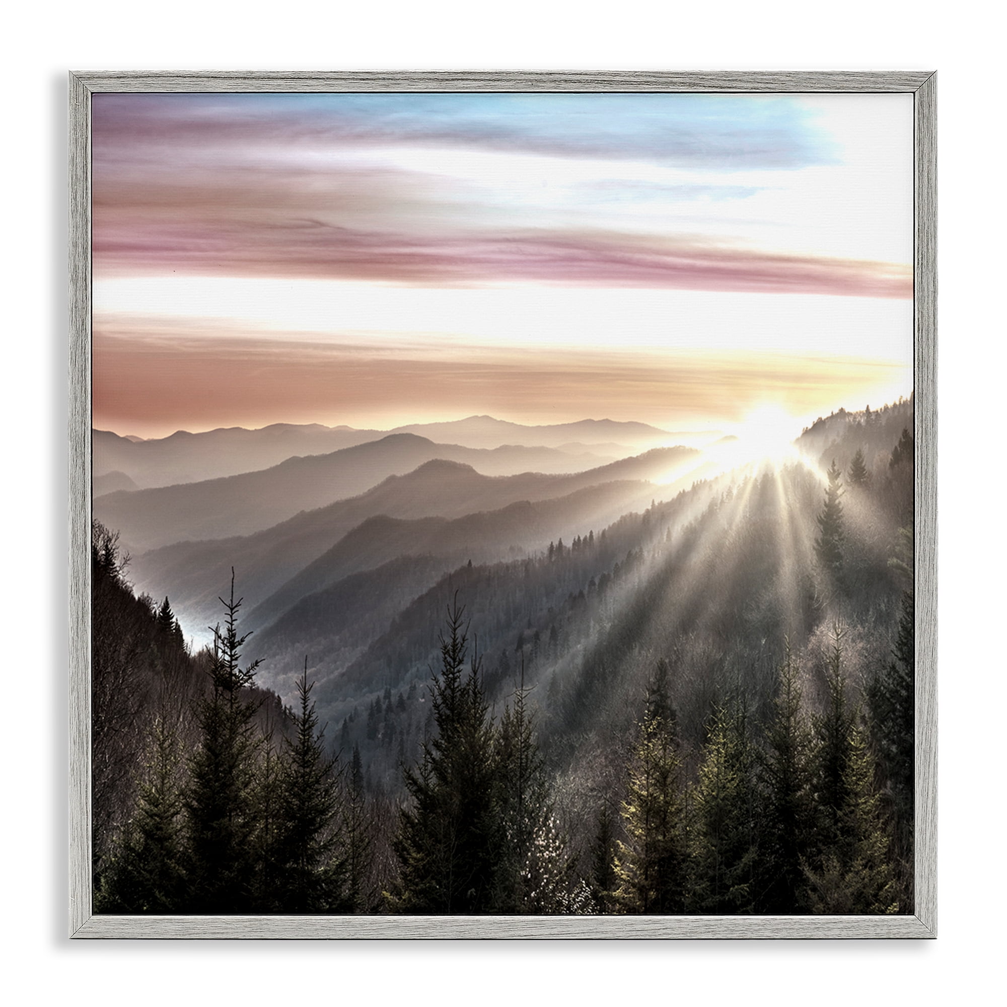 Stupell Industries Sun Rays Through Peaks Landscape & Nature Painting Gray Framed Art Print Wall Art, 24 x 24