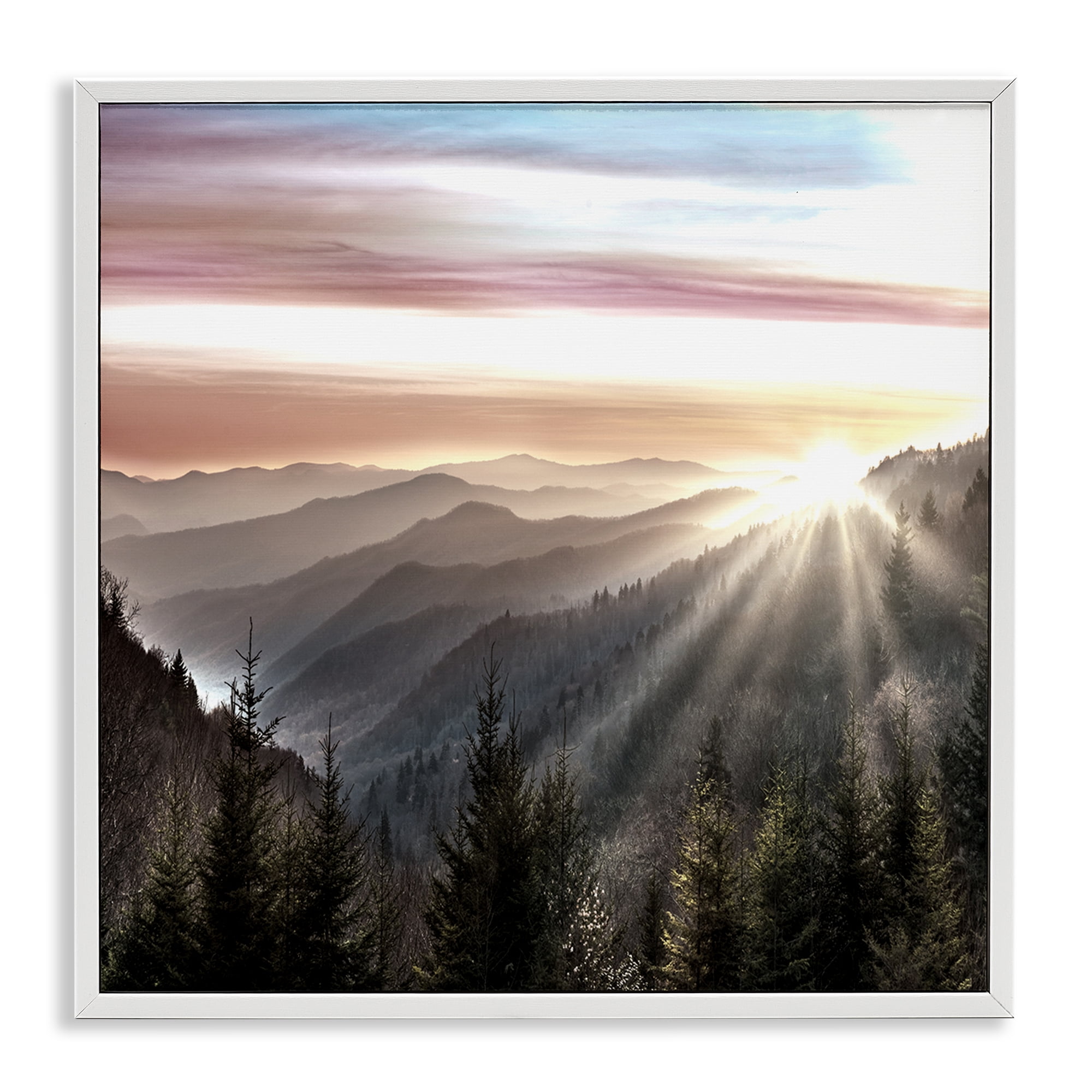 Stupell Industries Sun Rays Through Peaks Landscape & Nature Painting White Framed Art Print Wall Art, 17 x 17